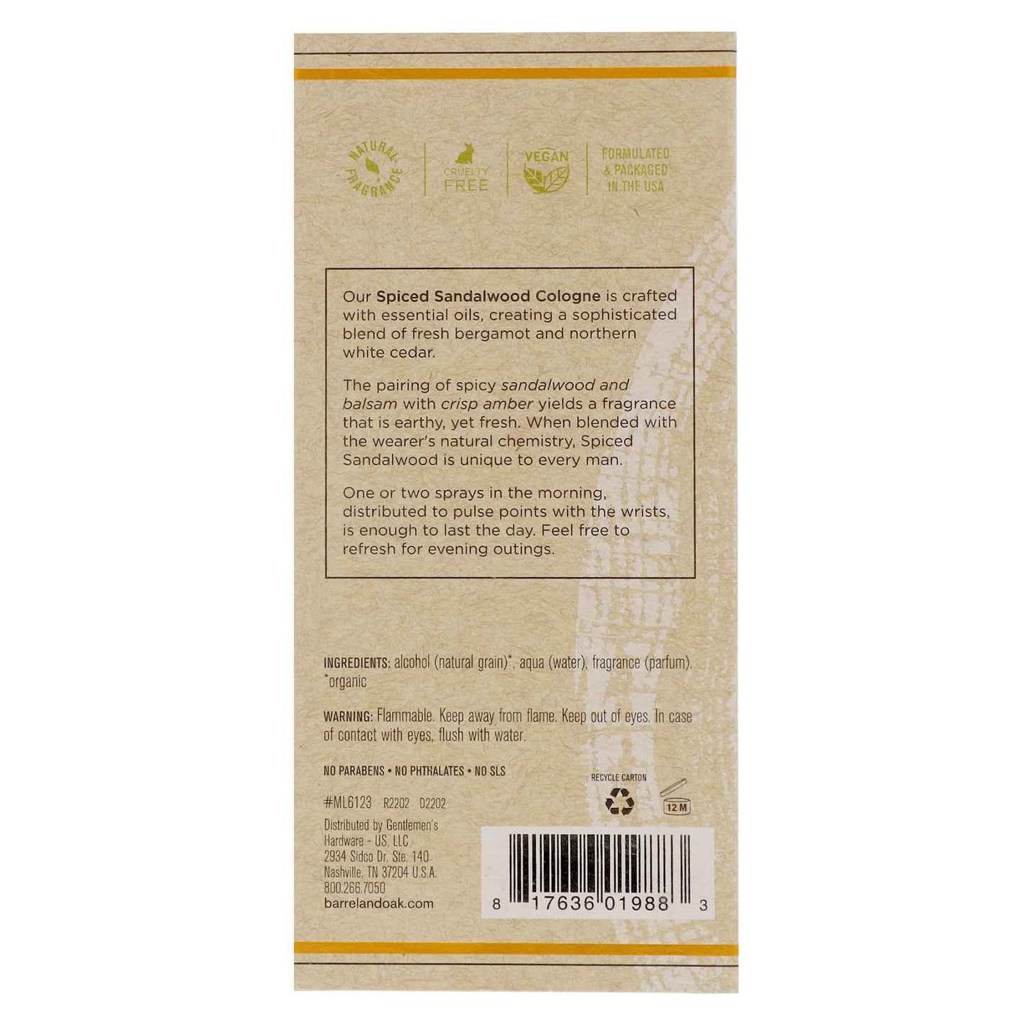 Barrel and Oak - Natural Fragrance Cologne for Men, Eau de Cologne, Essential Oil-Based Scent, Fresh Bergamot & White Cedar Blend