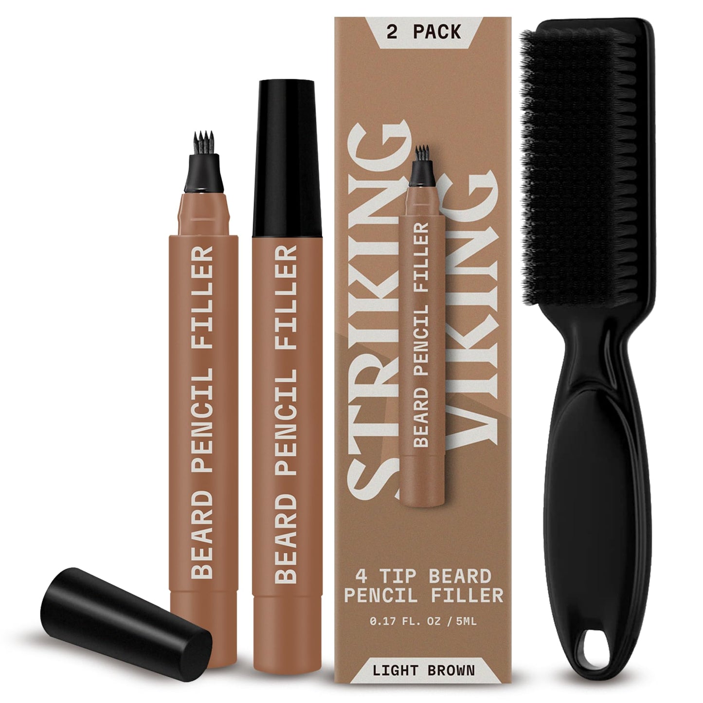 Striking Viking Beard Pencil Filler for Men - Light Brown, 2 Pack - Temporary Beard Dye - Waterproof Sweatproof Long Wear Beard Filler Pen