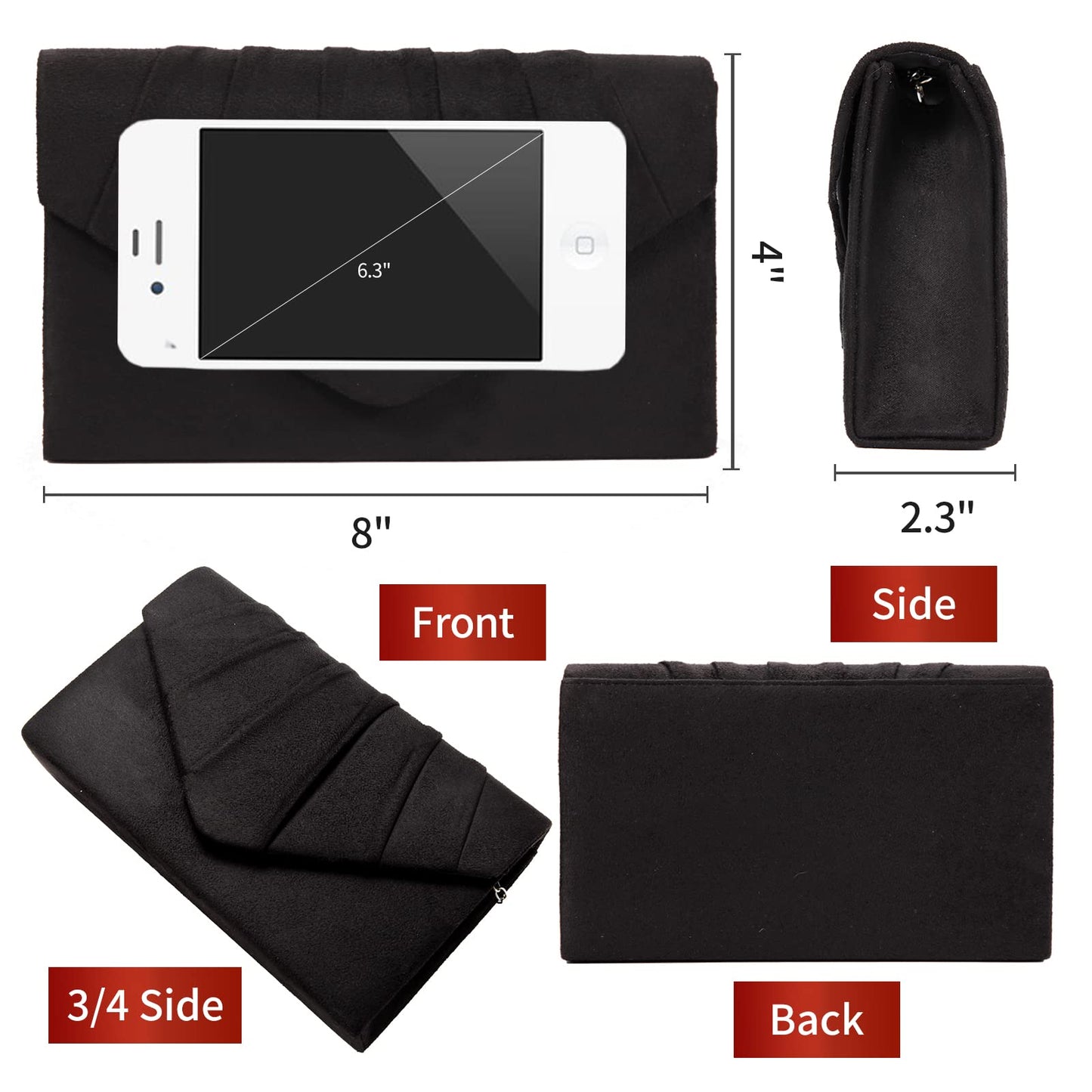 BBjinronjy Clutch Purses for Women Evening Bag Women's with Detachable Chain Wedding Prom Faux Suede (Black-Suede)