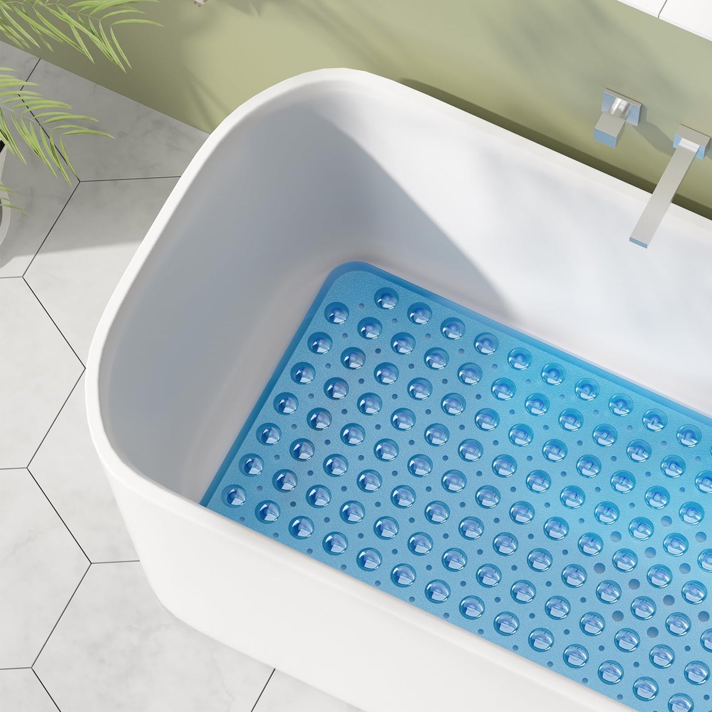 AmazerBath Non-Slip Shower Mat 40x16 – Bath Tub Mat with Suction Cups & Drain Holes for Kids & Elderly, Clear Blue