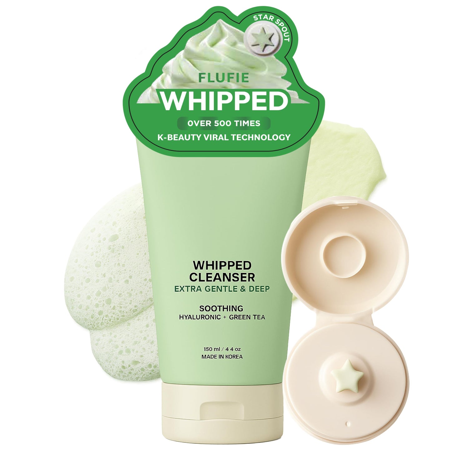 Flufie Whipped Facial Cleanser with Hyaluronic Acid & Green Tea - Deep Hydration & Gentle Pore Care - Dermatologist Tested, Anti-Aging, Korean Skin