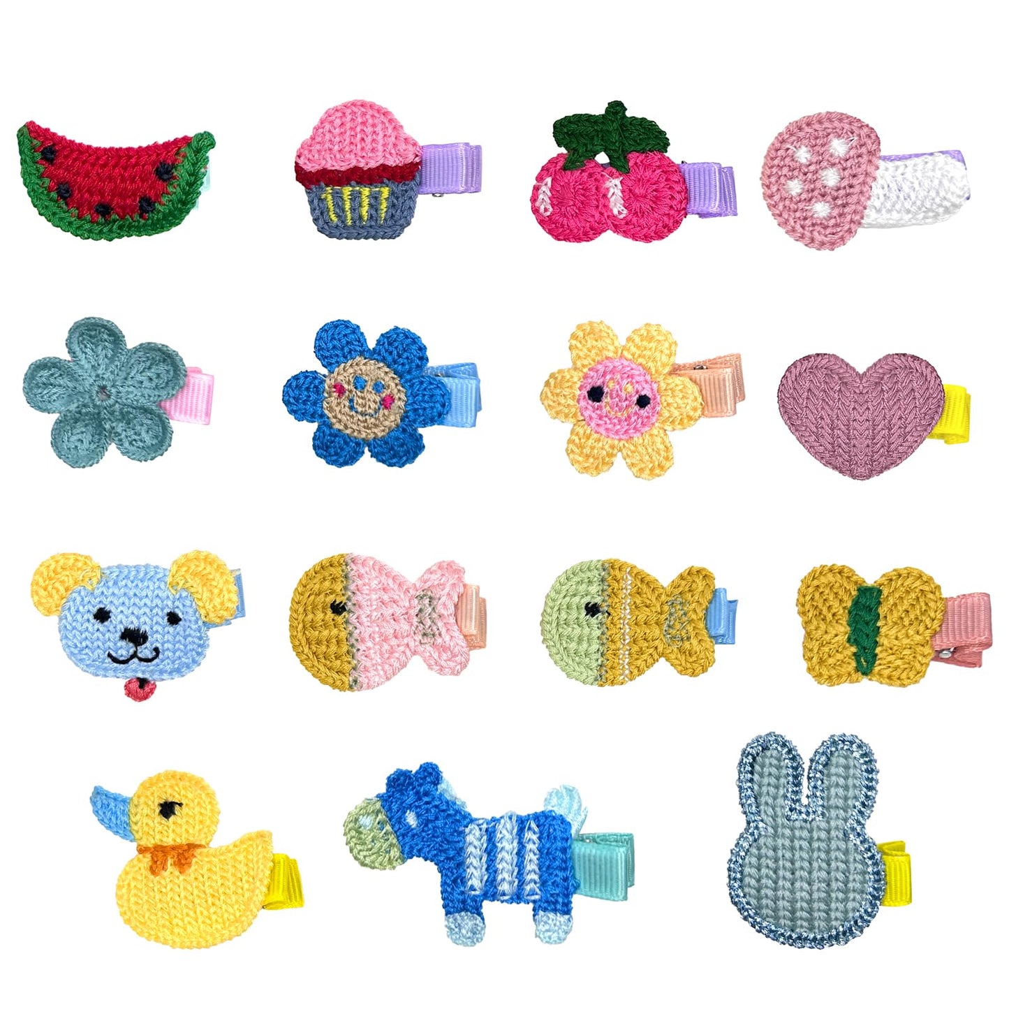RIMOBUL 15 Pieces Girl Hair Clips Cute Barrettes Crocheted Hair Accessories Flower Fruit Animal Pattern Hair Clip Ice Cream Hair Clip for Girl,Heart