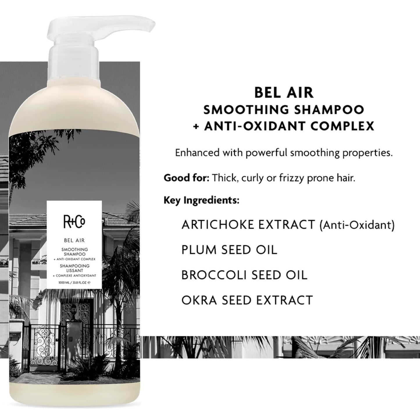 R+Co Bel Air Smoothing Shampoo and Conditioner Liter Set - Anti-Oxidant Complex for Smooth, Frizz-Free Hair for All Hair Types - UV Protection, Shine