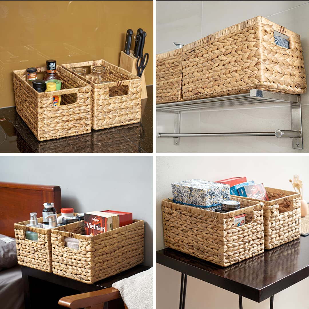 BARIEN Set of 6 Natural Water Hyacinth Woven Storage Baskets 12.6” x 8” x 7”, Rectangular Wicker Basket with Built-in Handles, Medium (Natural - Set…