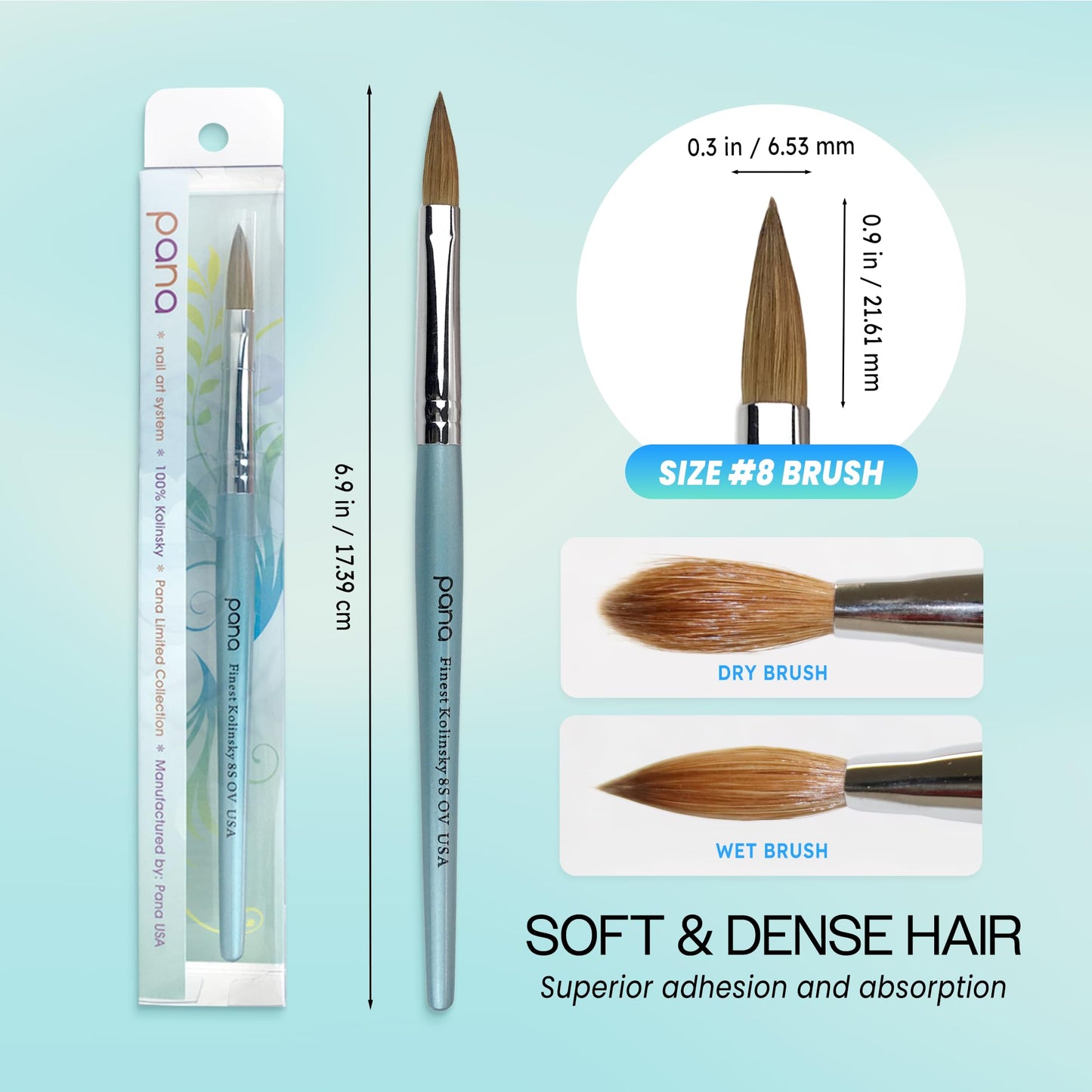 pana USA Acrylic Nail Brush100% Pure Kolinsky Hair New Teal Wood Handle with Silver Ferrule Oval Crimped Shaped Style (Size # 8) Beauty & Personal Care PANA
