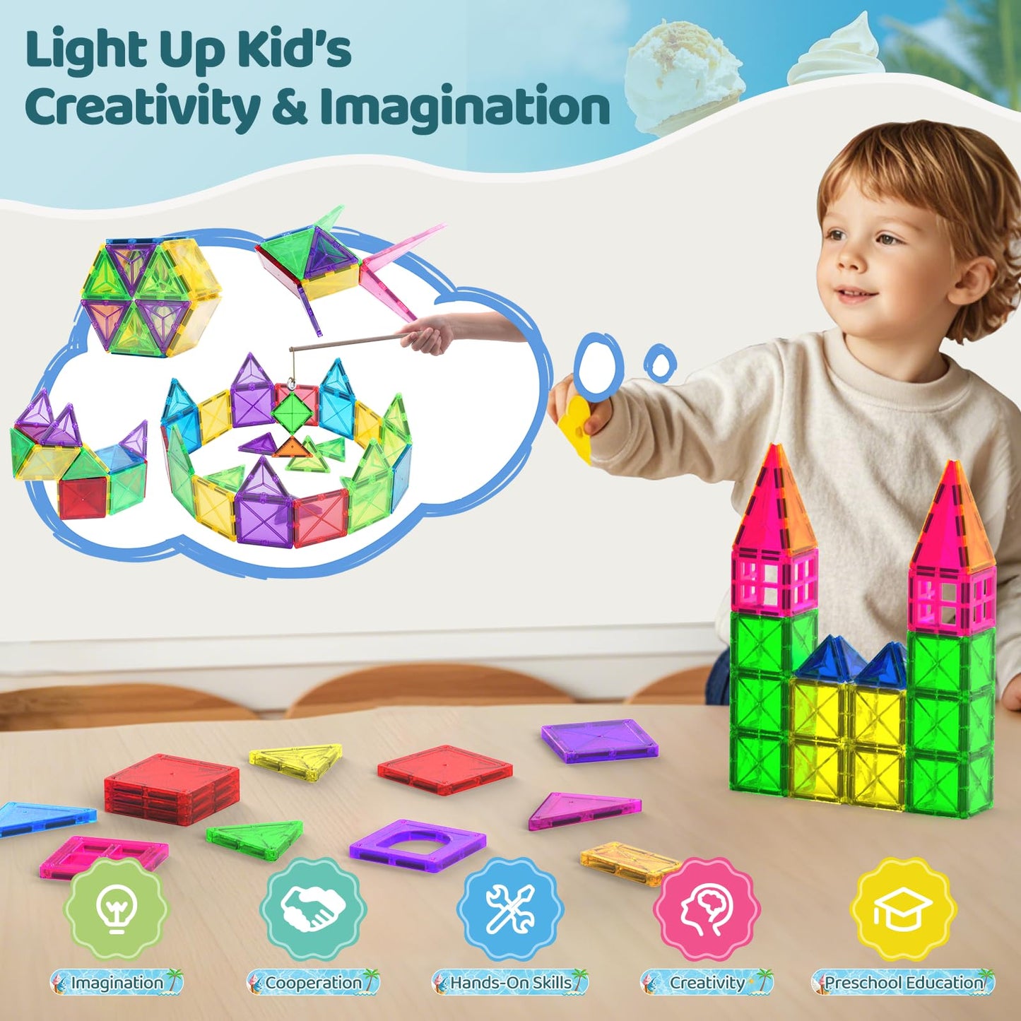 Mini Magnetic Tiles – Travel Building Blocks for Kids Ages 3+, Educational Montessori Sensory Toys for Preschool Learning & Birthday Gifts