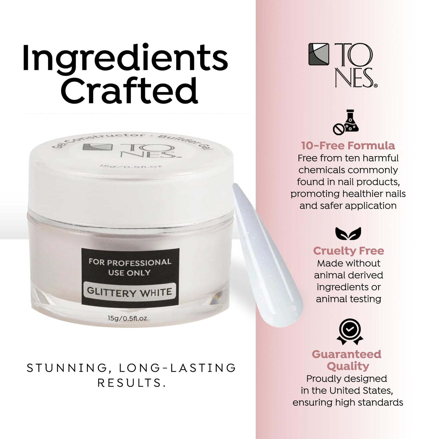 TONES Builder Gel - Nail Extension Strengthener | UV/LED Cured for Long Lasting Shine - Superior Grip & Sculpting | (Glittery White) | (15ml/0.5fl.oz)