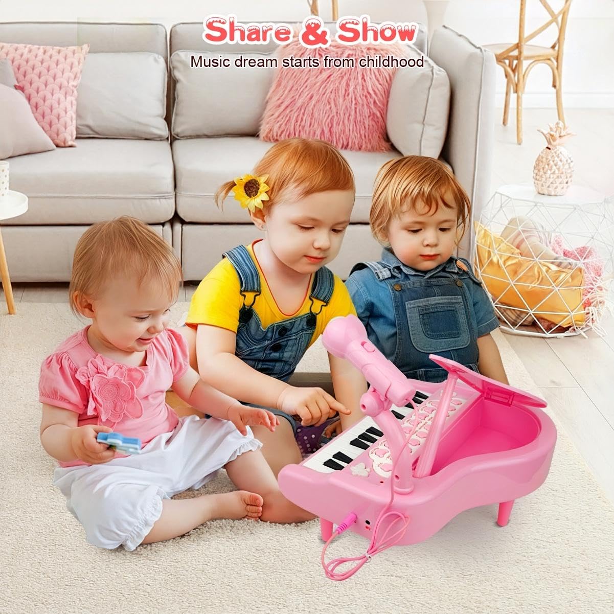 Love&Mini Pink Piano Toys for 1+Years Old Girls First Birthday Gifts Toddler Piano Music Toy Instruments with 24 Keys and Microphone