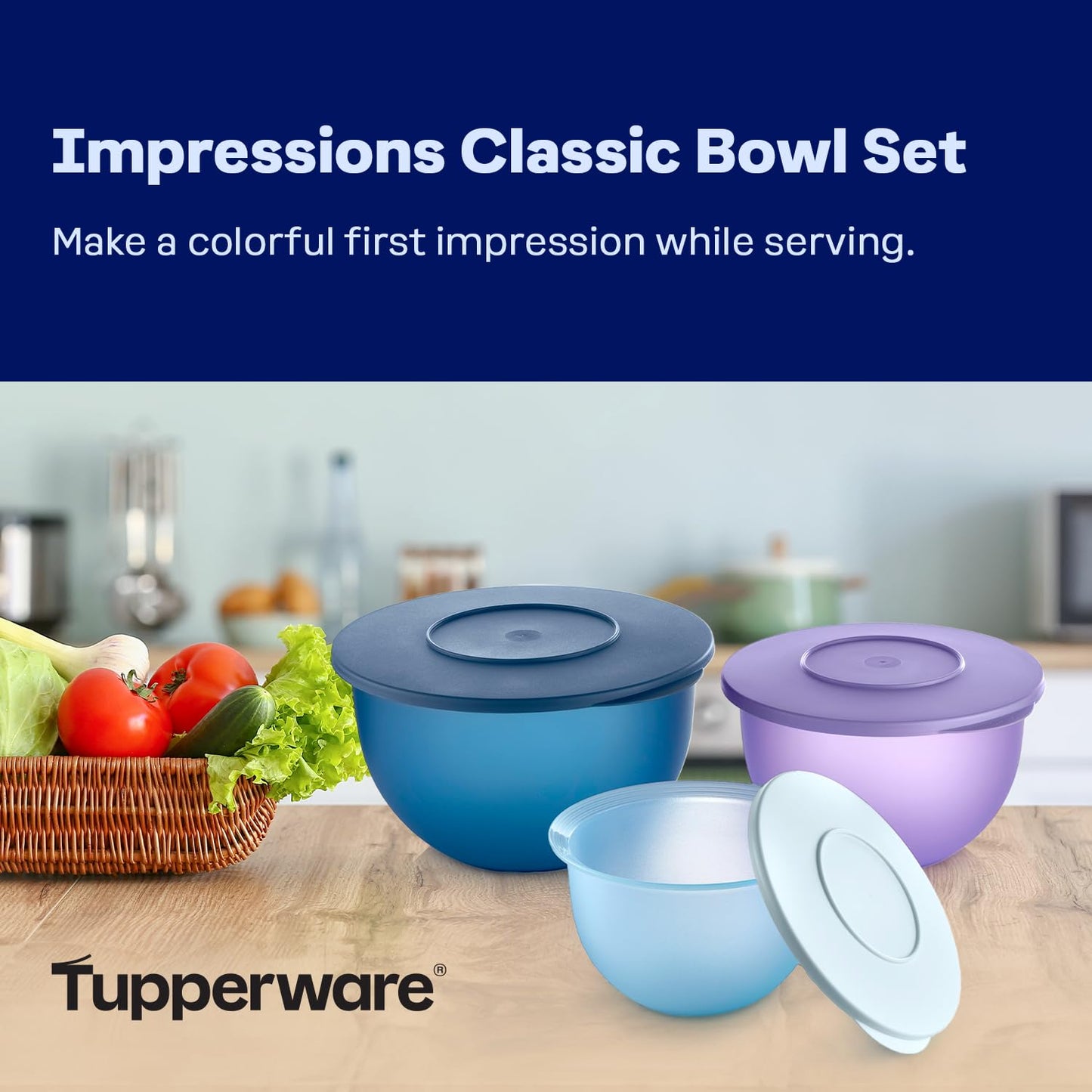 Tupperware Impressions Classic 3 Piece Food Storage Bowl Set in Blue and Purple, Dishwasher Safe and BPA Free (3 Containers, 3 Lids)