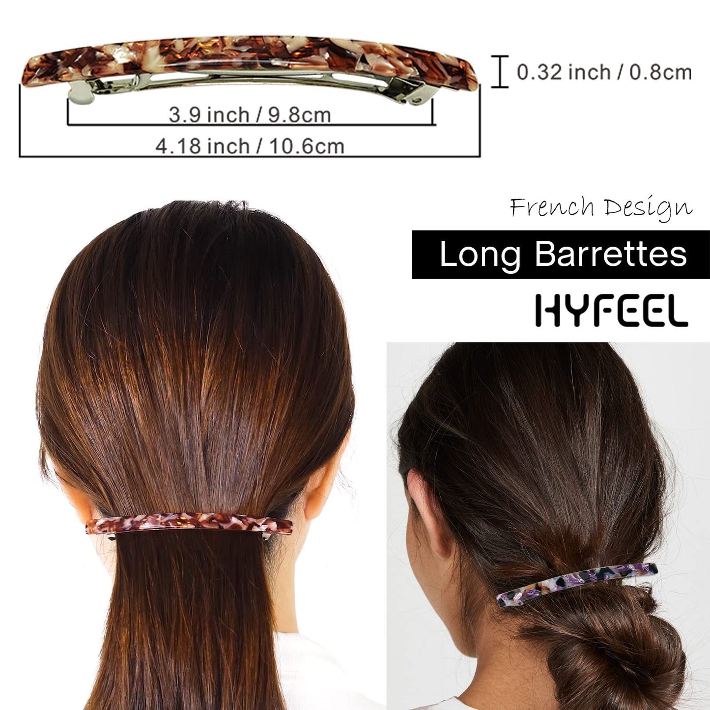 HYFEEL Long French Hair Barrettes 4 Inch Large Hair Clips for Women Thick Hair Automatic Clasp Clamp Pins Resin Nonslip Grip Ponytail Holders, Stylish