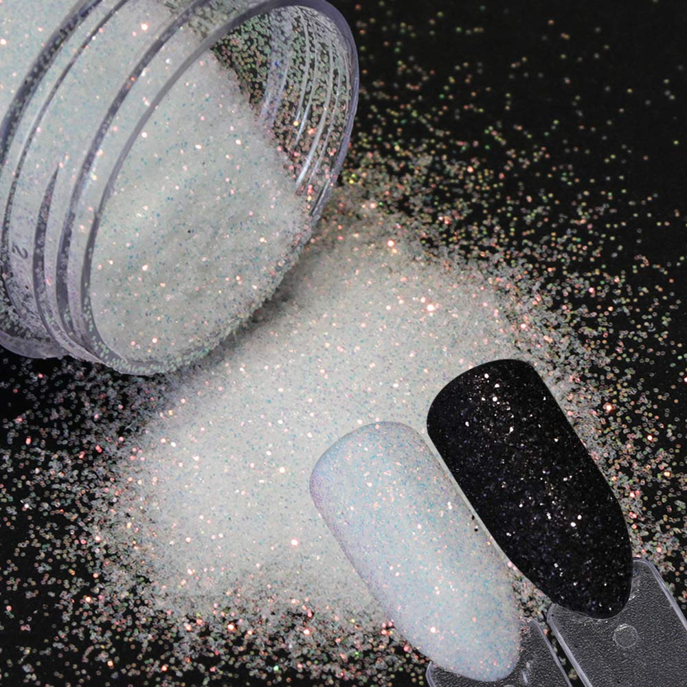 10g 0.2mm Shimmer White Rainbow Nail Glitter Holographic Shining Sugar Nail Glitter Candy Coat Powder Sugar Coating Effect Powder Nail Pigment Powder