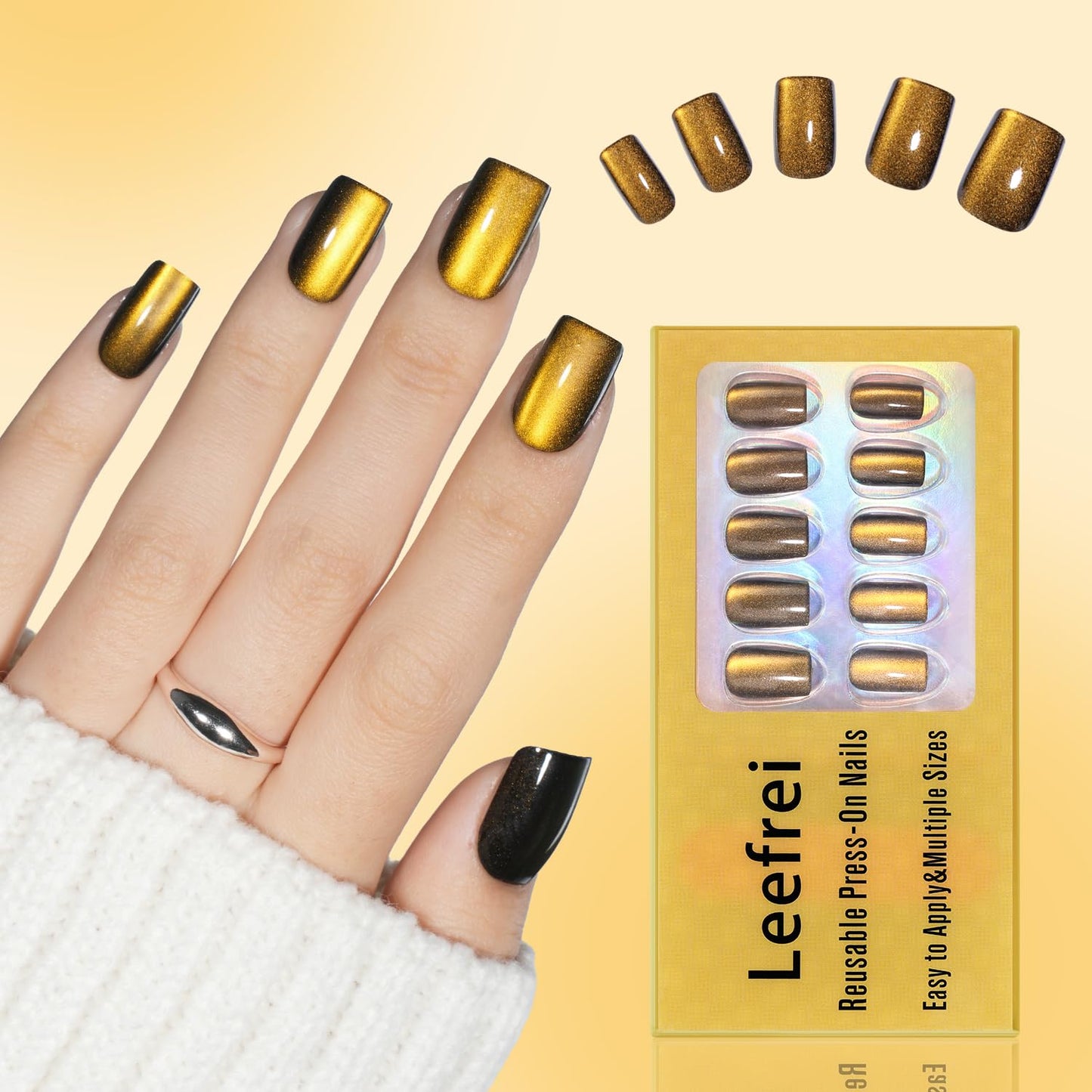 Leefrei Gold Cat Eye Press On Nails - Short Square Metallic Gold Nails Press Ons for Women DIY Glossy Fake Nails Kit with Glue, Reusable Soft Gel Glue Beauty and Personal Care Leefrei