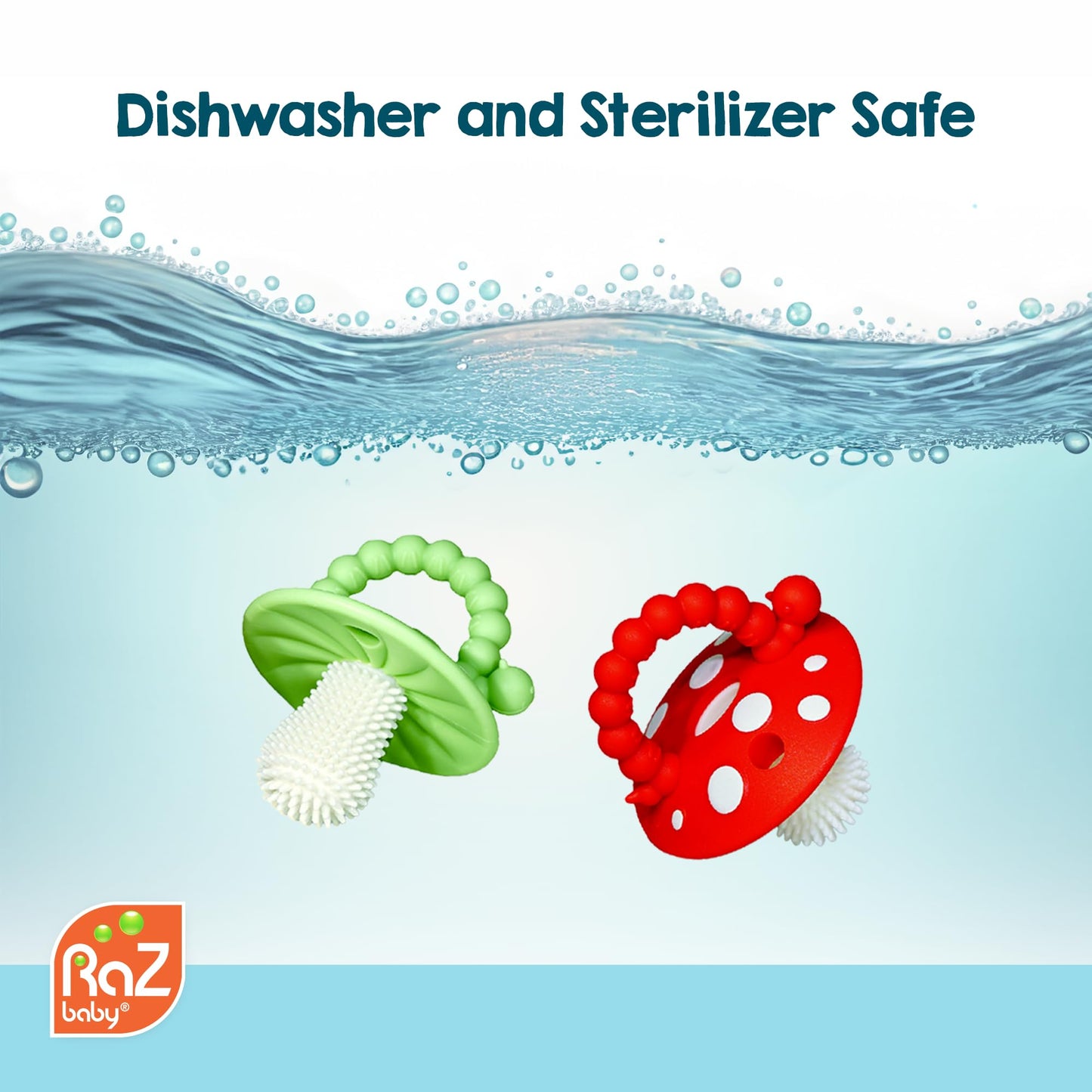 RaZbaby Chompy Teether – Soft Silicone Baby Teething Toy 3M+, BPA-Free, Easy to Hold, Soothing Bristles, Sensory Aid – Red/Blue