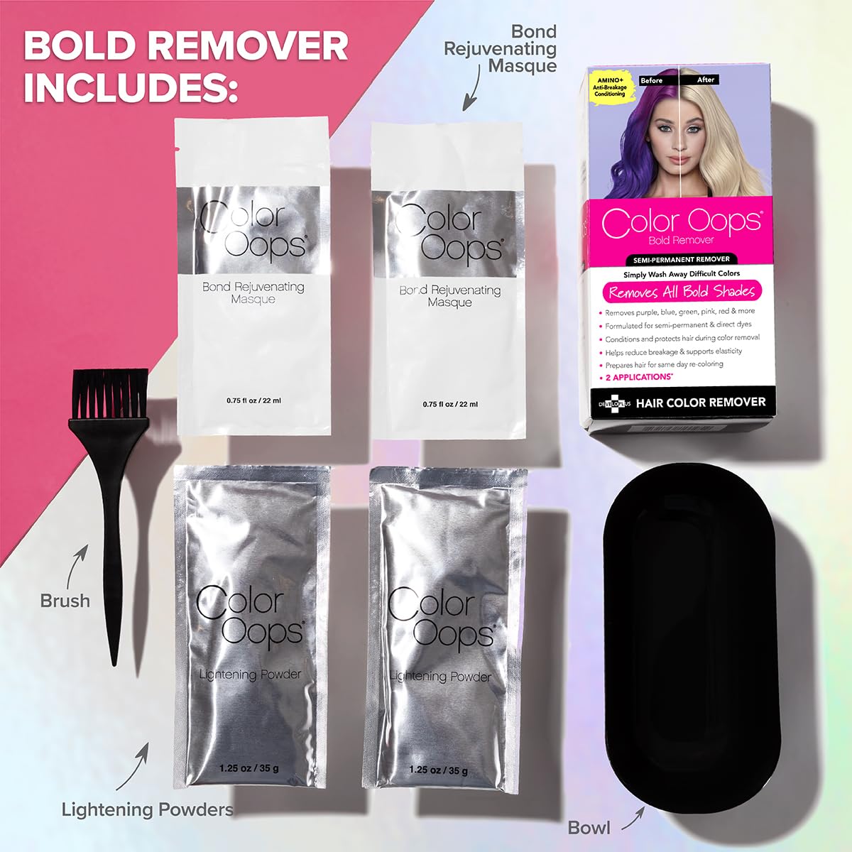 Color Oops Bold Remover, 2 Applications, Hair Dye Remover Safely Removes Direct Dyes and Semi Permanent Hair Color, Recolor The Same Day, Vegan