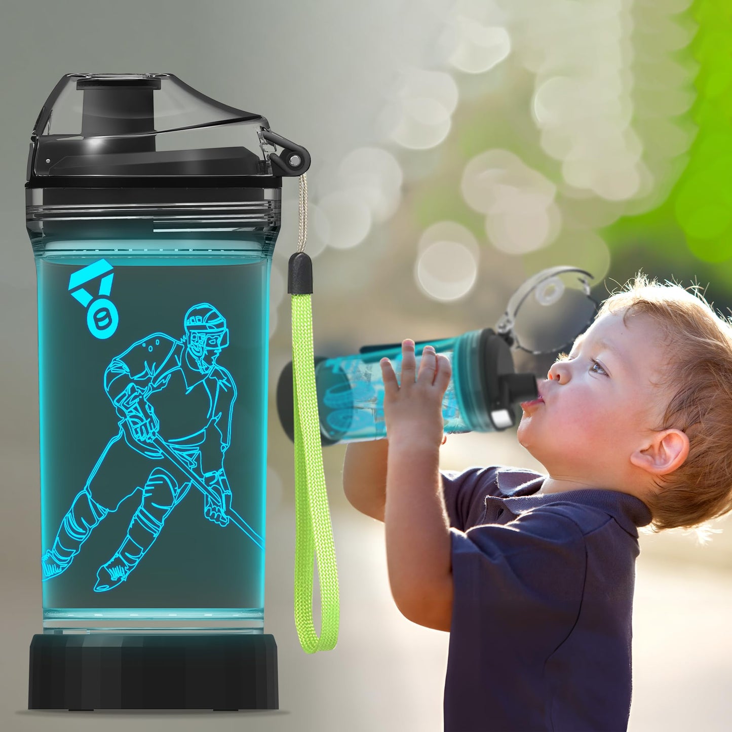 CoolGift Mart Hockey Gifts, Light Up 3D Hockey Player Water Bottle, 14oz Tritan BPA Free - Best Gift for 4 5 6 7-Year-Old Boys Girls- Kids Drinking