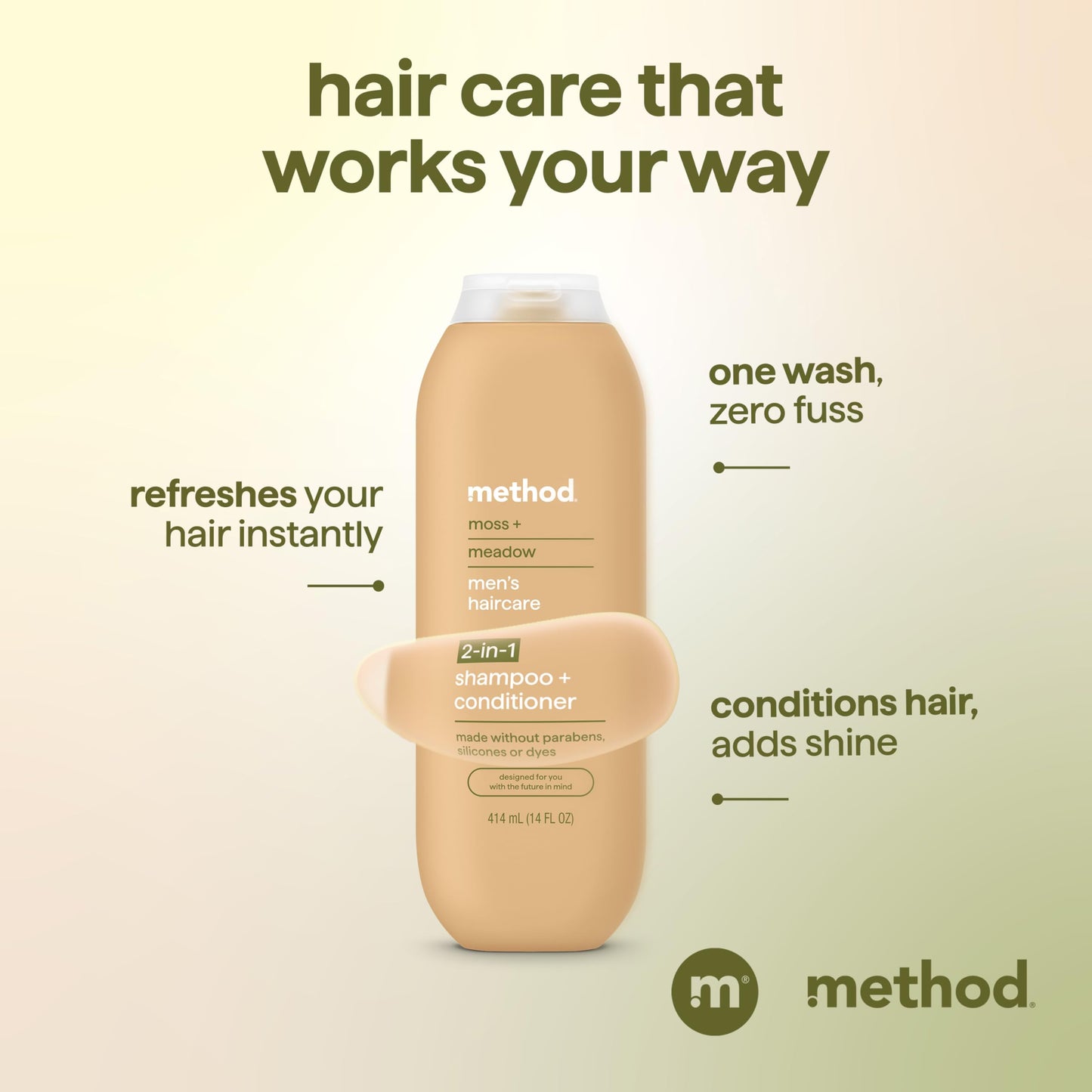 Method Men 2-in-1 Shampoo and Conditioner, Moss + Meadow - Cleans and Conditions with Argan and Jojoba Oil - Made without Parabens - 14 oz