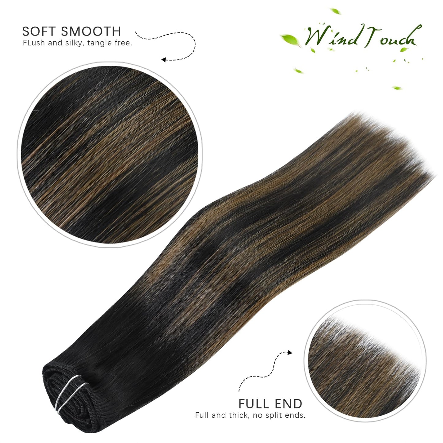 WindTouch Clip In Hair Extensions Human Hair Balayage Natural Black to Chestnut Brown 18Inch 75g #1BT6P1B 7PCS