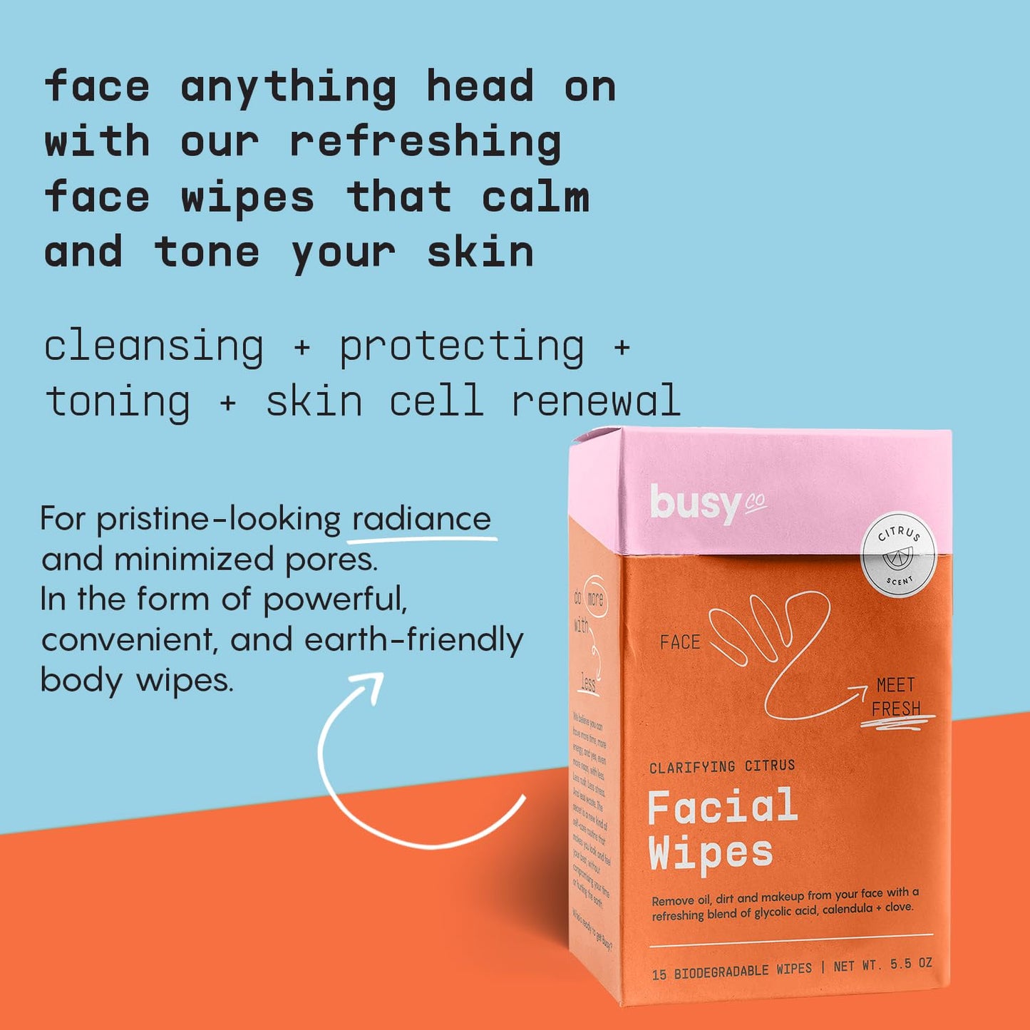 Refresh Face Wipes - Individual Cleaning Facial Wipe Singles- Moist Towelettes Individually Wrapped - After Workout & Travel - Fresh Citrus - AHA/BHA