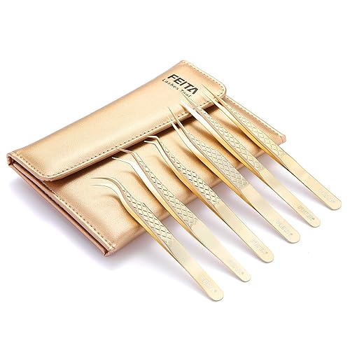 FEITA Eyelash Extension Tweezer Set Gold Lash Applicator Tool - Precision Lashes Diamond Grip Tweezers for 2D-6D Volume & Individual Eyelashes
