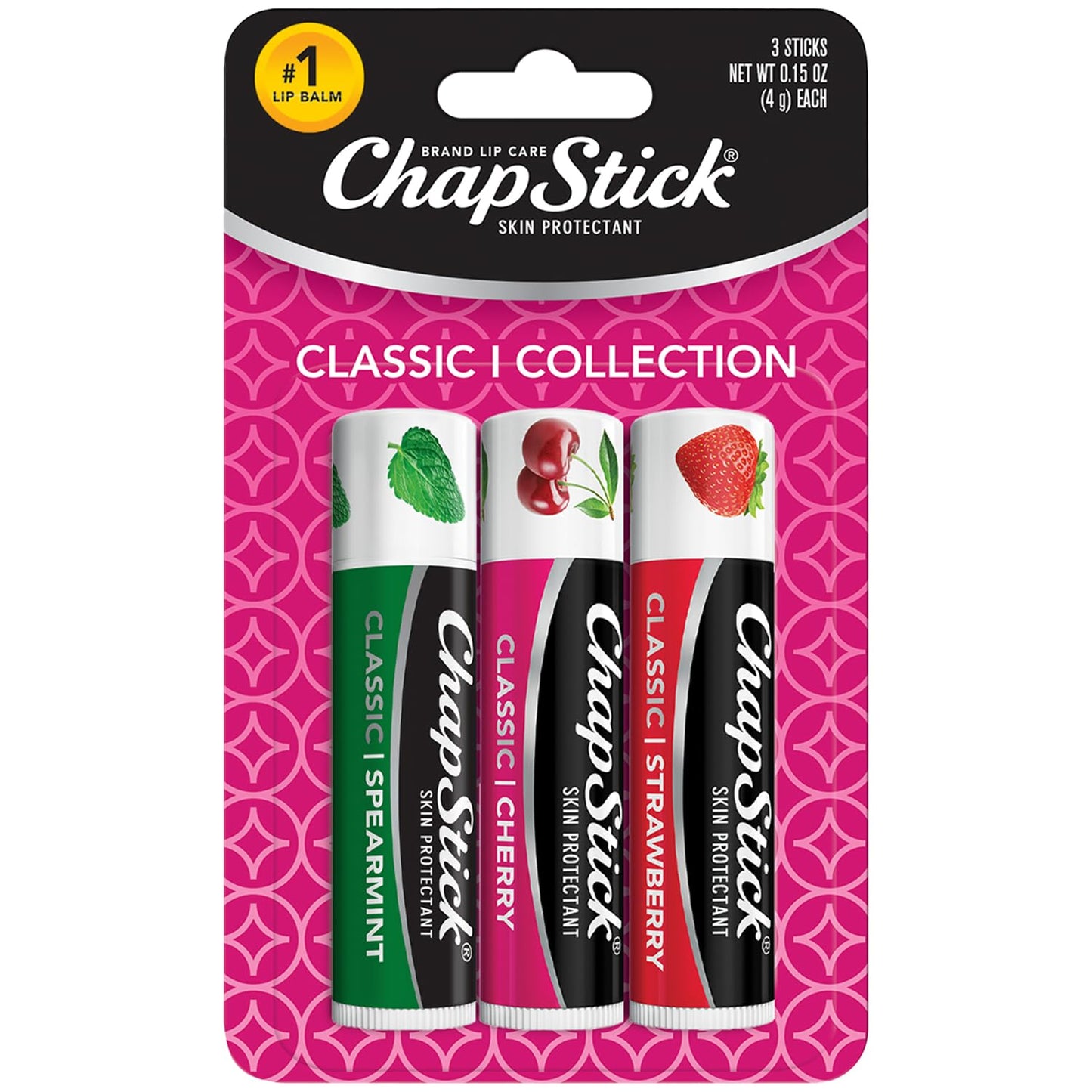 ChapStick Lip Care Set, Classic Collection 3-Pack - Spearmint, Cherry, and Strawberry Lip Balm, 0.15 Oz Ea
