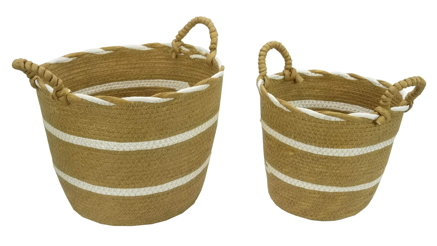 Admired By Nature Nesting Decorative White Stripe Basket with Handles - for All Season Home Decor, Indoor Outdoor Plants, Offices, Classrooms…