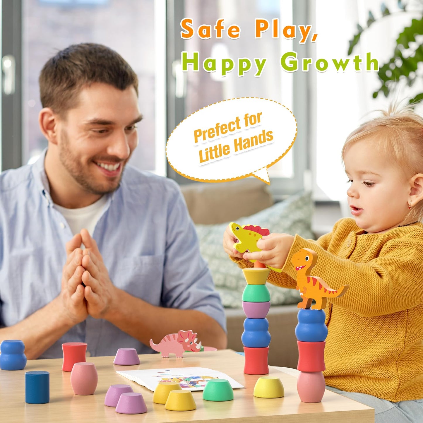 Montessori Wooden Dinosaur Toys – Sorting, Stacking & Balance Blocks for Toddlers Ages 1-4, Preschool Educational Birthday Gift