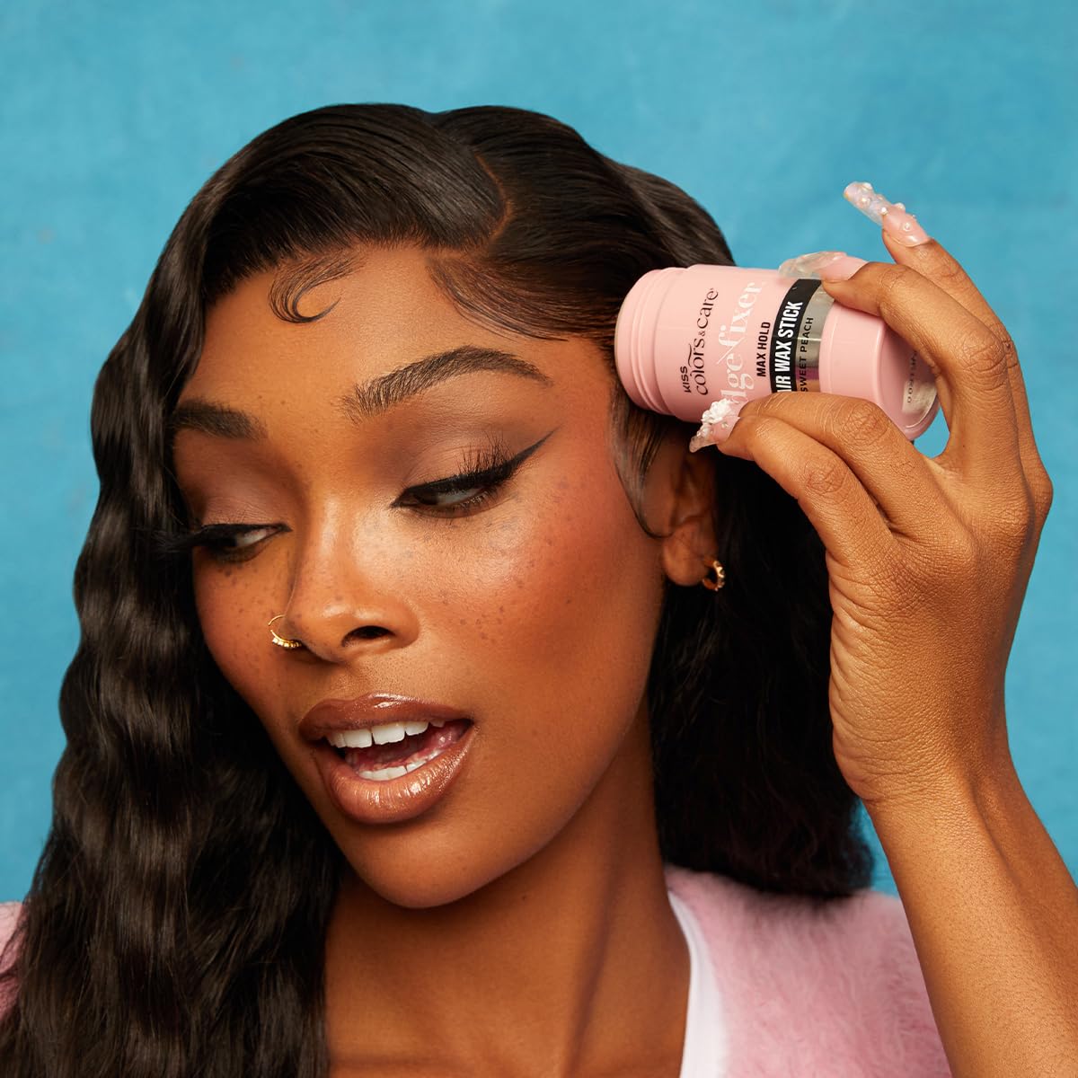 KISS COLORS & CARE Hair Wax Stick, 2.47 OZ (Sweet Peach) - Effortless Edge Styling, 24 Hour Hold, Non-Oily, Flake-Free, Biotin B7 & Shea Butter, Sleek