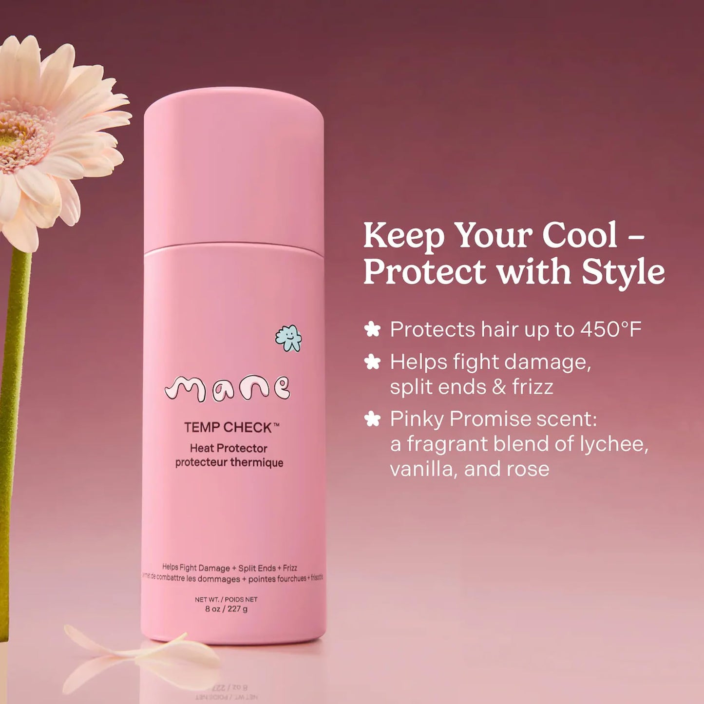 Mane Temp Check Heat Protection Spray for Hair - Anti Frizz Heat Protectant for All Hair Types - Helps Fight Damage, Split Ends & Breakage - Made