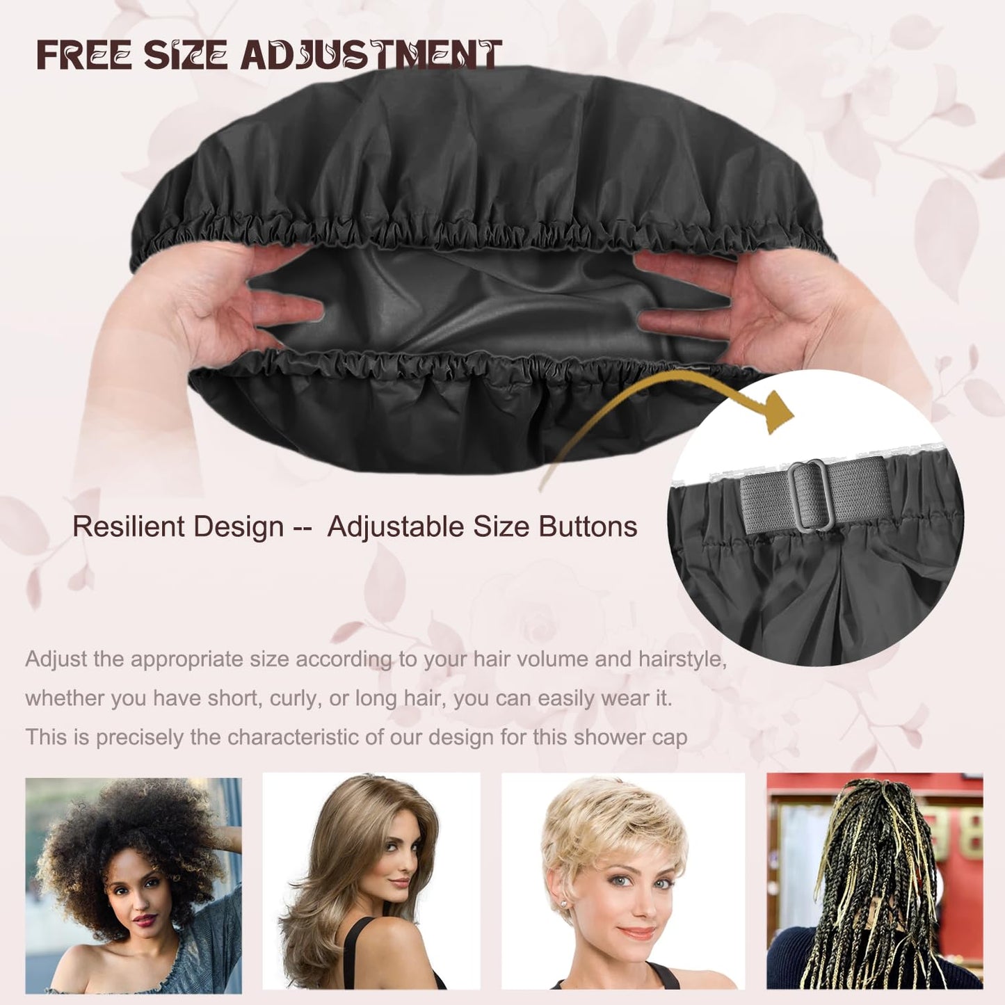 Amamba Shower Caps, Silk Lined Shower Cap for Women,Reusable,Adjustable Size, Washable & Waterproof,Large Satin Shower Cap-Black