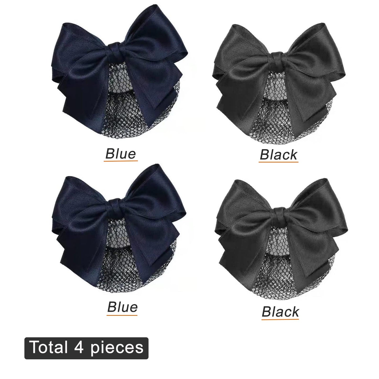 iRIIRIO 4pcs Women Hair Clips with Bowknot Hair Bun Cover Barrettes Net Snood Hairnet Bow (2pcs Blue+2pcs Black)
