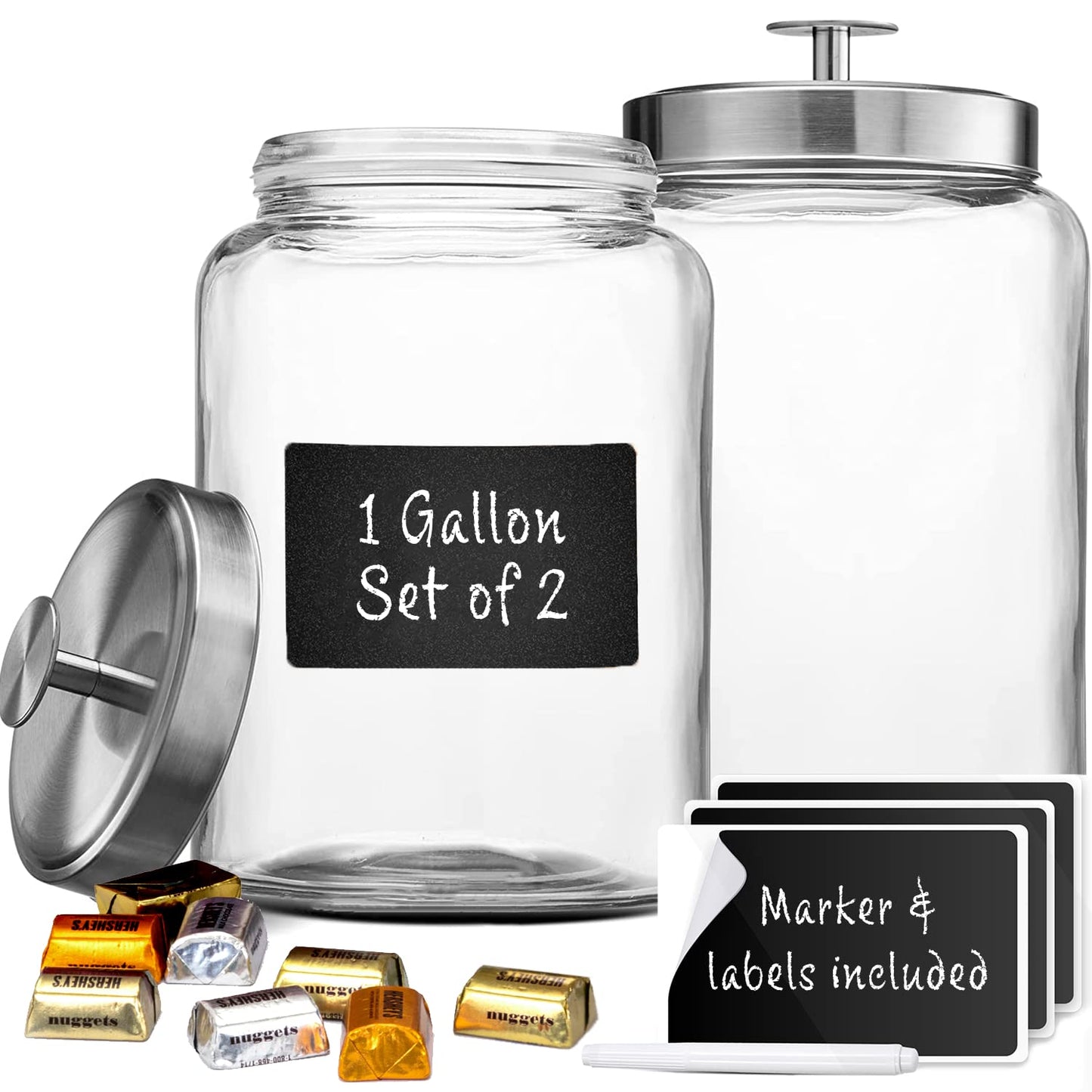 2 Large 1-Gallon Glass Canister Sets for Kitchen Counter with Stainless Steel Airtight Lids + Marker & Labels, Cookie Jar & Candy Jar for Buffet…