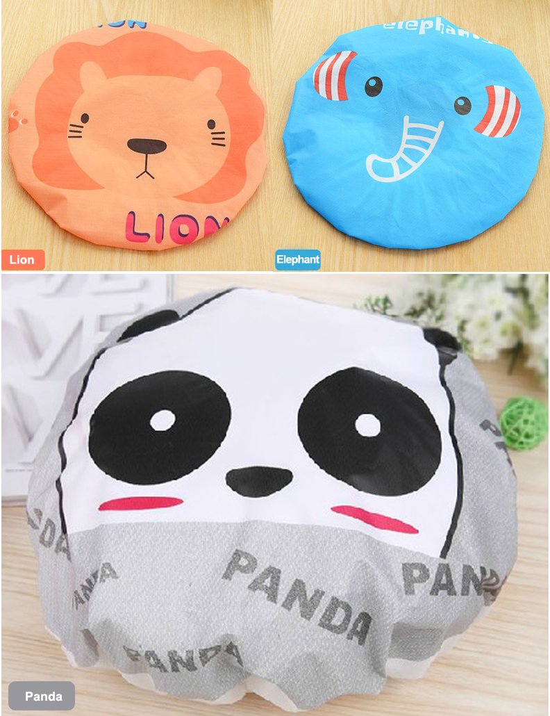 IXIAOPET Cute Cartoon Waterproof Elastic Shower Cap Bath Cap,Pack of 3 Pcs(Panda+Elephant+Lion)