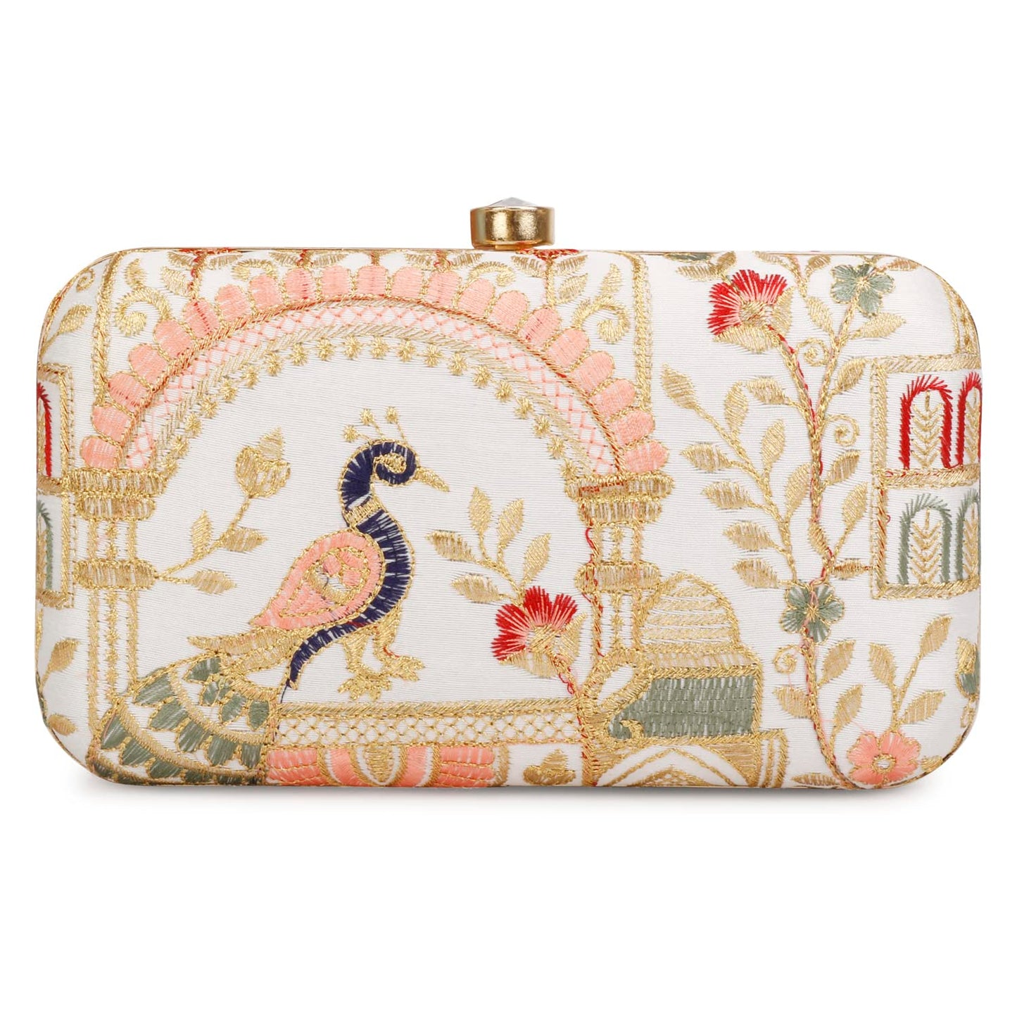 LONGING TO BUY Hand Crafted Designer Box Clutch For Women, Zari Embroidery Hand Clutch For Women (Cream-2)