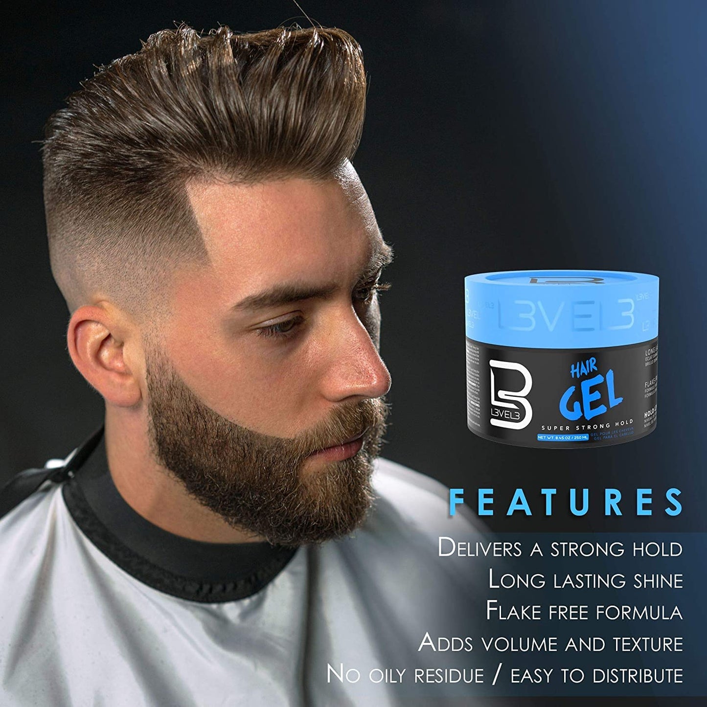 L3 Hair Gel with Sample Powder - Super Strong Hold - Flake Free - Long Lasting Shine - for Men and Women