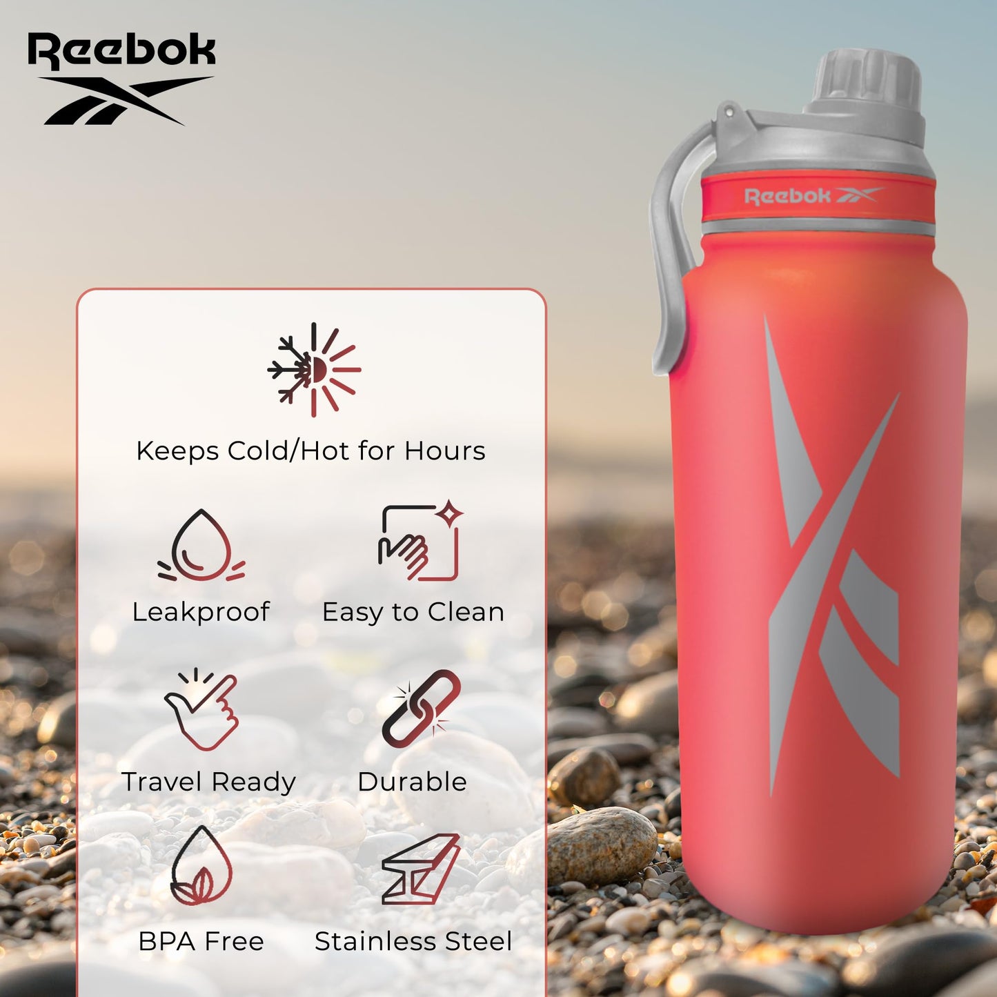 Reebok Stainless Steel Water Bottle With Athletic Design - Insulated Water Bottle 40 oz With Chug Lid - Double Wall Vaccum Insulated Sports Water