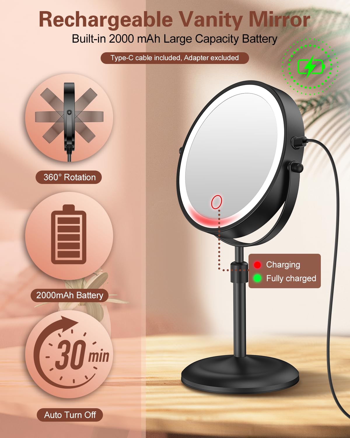 Benbilry Lighted Makeup Mirror with 10X Magnification & 3 Color Lights, Adjustable Brightness & Height, 7 Inch 360° Swivel Rechargeable LED Magnifying