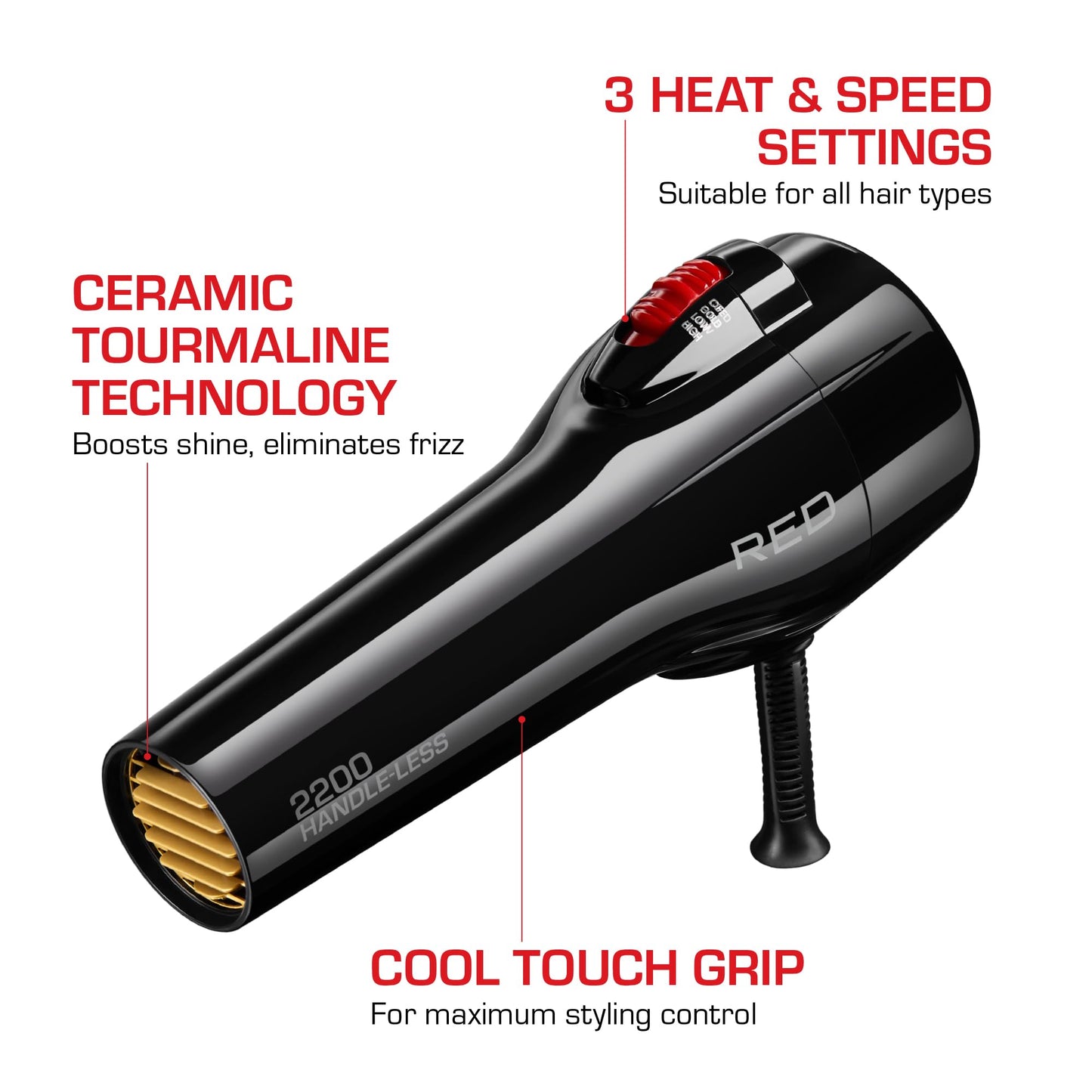 RED by Kiss Handle-Less 2200W Ceramic Tourmaline Hair Dryer, 3 Heat Settings, Pro Blow Dryer with Comb Attachment, Ionic for Frizz-Free Shine