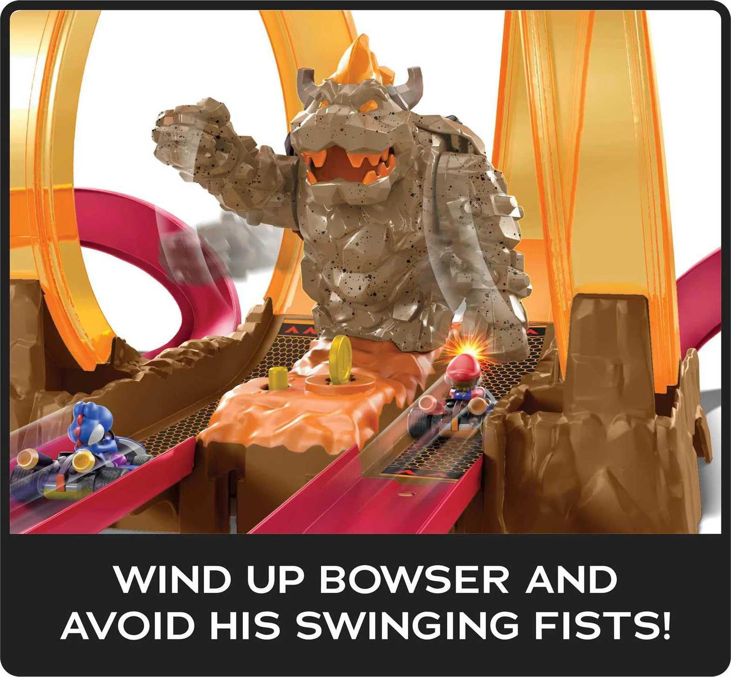 Hot Wheels Mario Kart Bowser’s Castle Chaos Modular Track with Side by Side Racing Lap Flags and Bowser Figure Connects to Other Sets Gift idea…