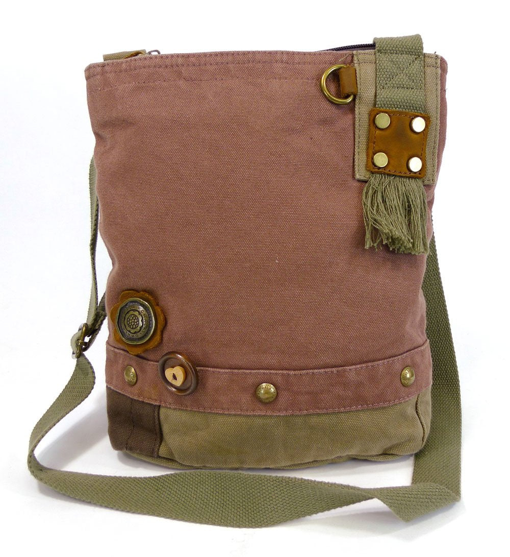 Chala Canvas Crossbody Messenger handBags with Keyfob/Coin Purse - (Green Paw) (Mauve- Teal Paw)