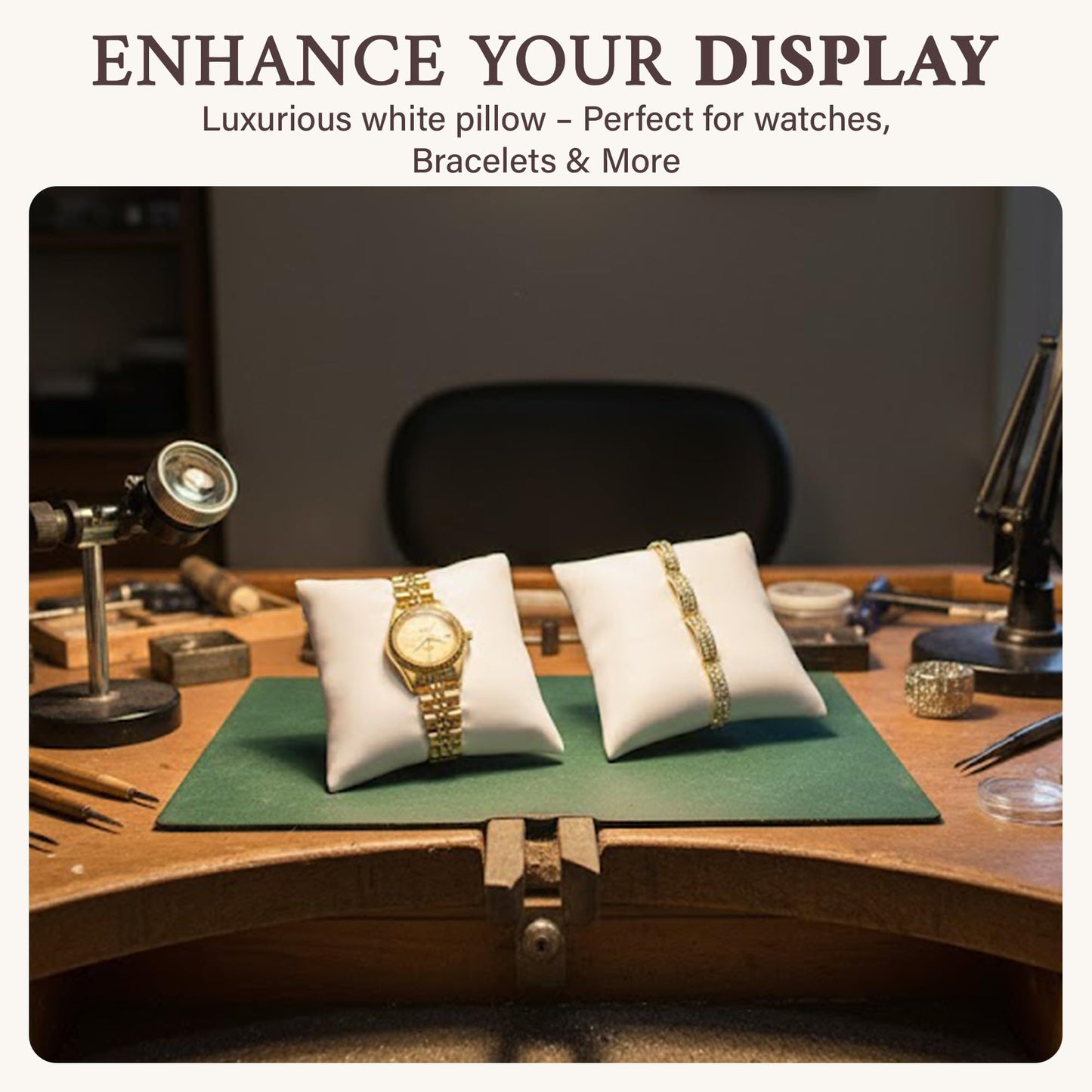 RJ Displays 12 Pack White Faux Leather Watch Pillow Display Set - Bracelet & Bangle Cushion for Jewelry Boxes, Necklace & Bracelet Pillow Display…