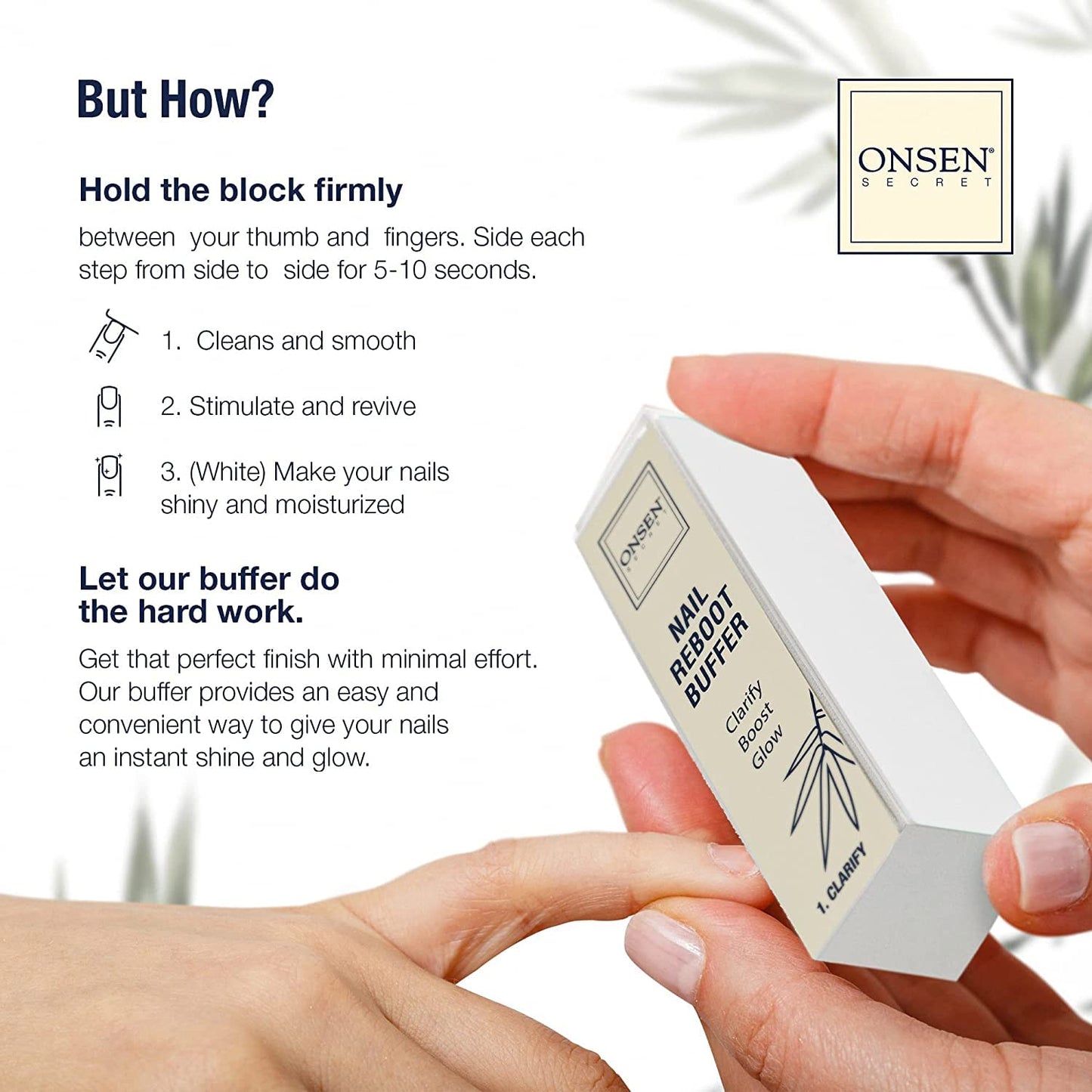 Onsen Secret Professional Nail Buffer Block | 4-Way Buffing for Natural Shine & Healthy Natural Nails - Includes 2 Extra Shine Pads, Salon-Quality