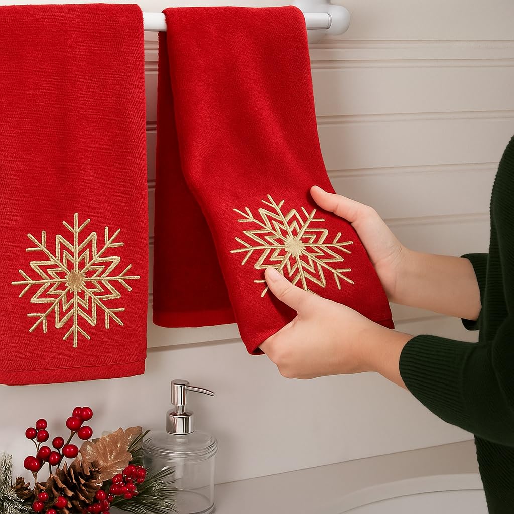 Serafina Home Christmas Hand Towel for Bathroom - Set of 2 Red 100% Cotton - 25 x 16 Embroidered Gold Snowflake Design - Bath & Kitchen Decor