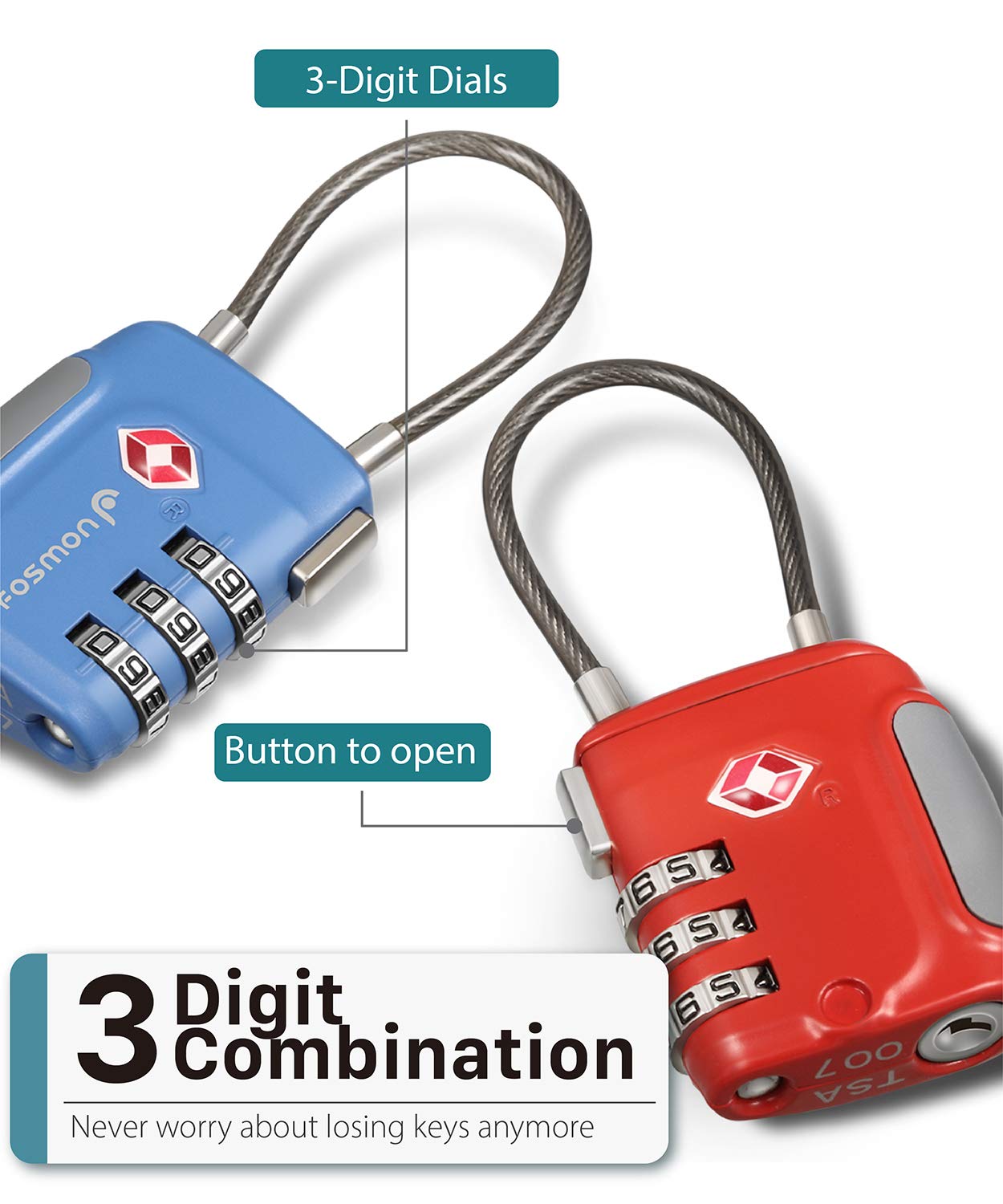 Fosmon TSA Approved Luggage Locks – 3 Digit Combination Cable Padlock with Long Shackle for Suitcases, Backpacks, Gym Lockers & Travel