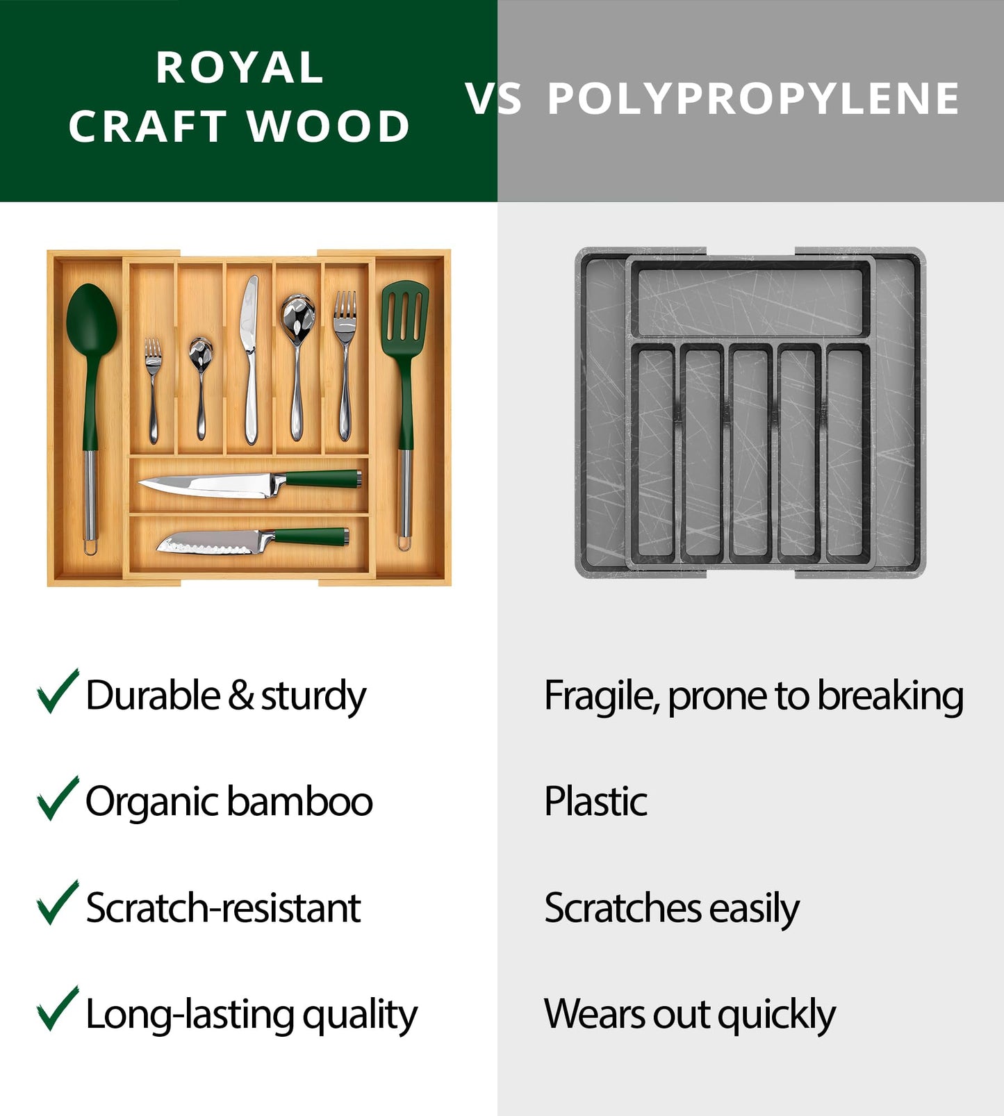 ROYAL CRAFT WOOD Bamboo Kitchen Drawer Organizer β 9-Slot Silverware, Utensil & Cutlery Tray Divider, Natural Finish