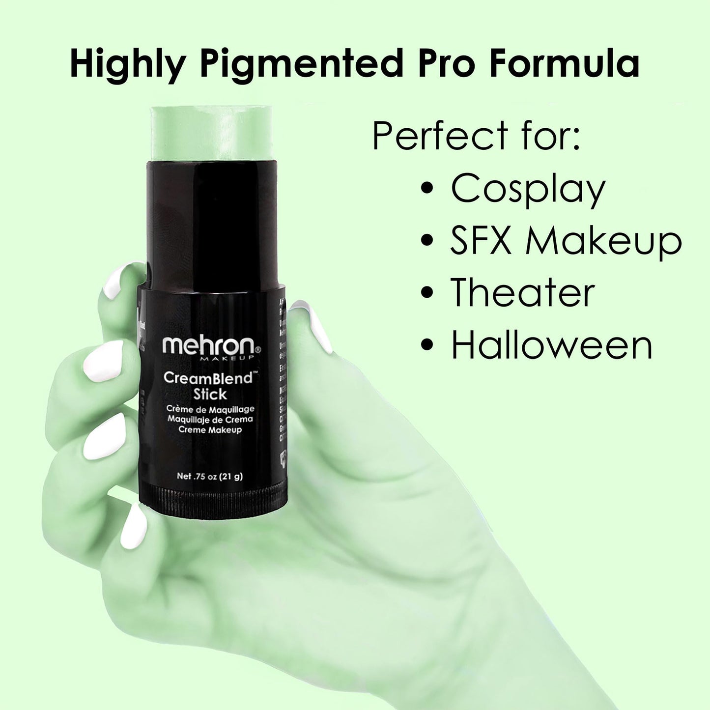 Mehron Makeup CreamBlend Stick | Face Paint, Body Paint, & Foundation Cream Makeup | Perfect for Halloween .75 oz (21 g) (Pastel Green) | Made in the