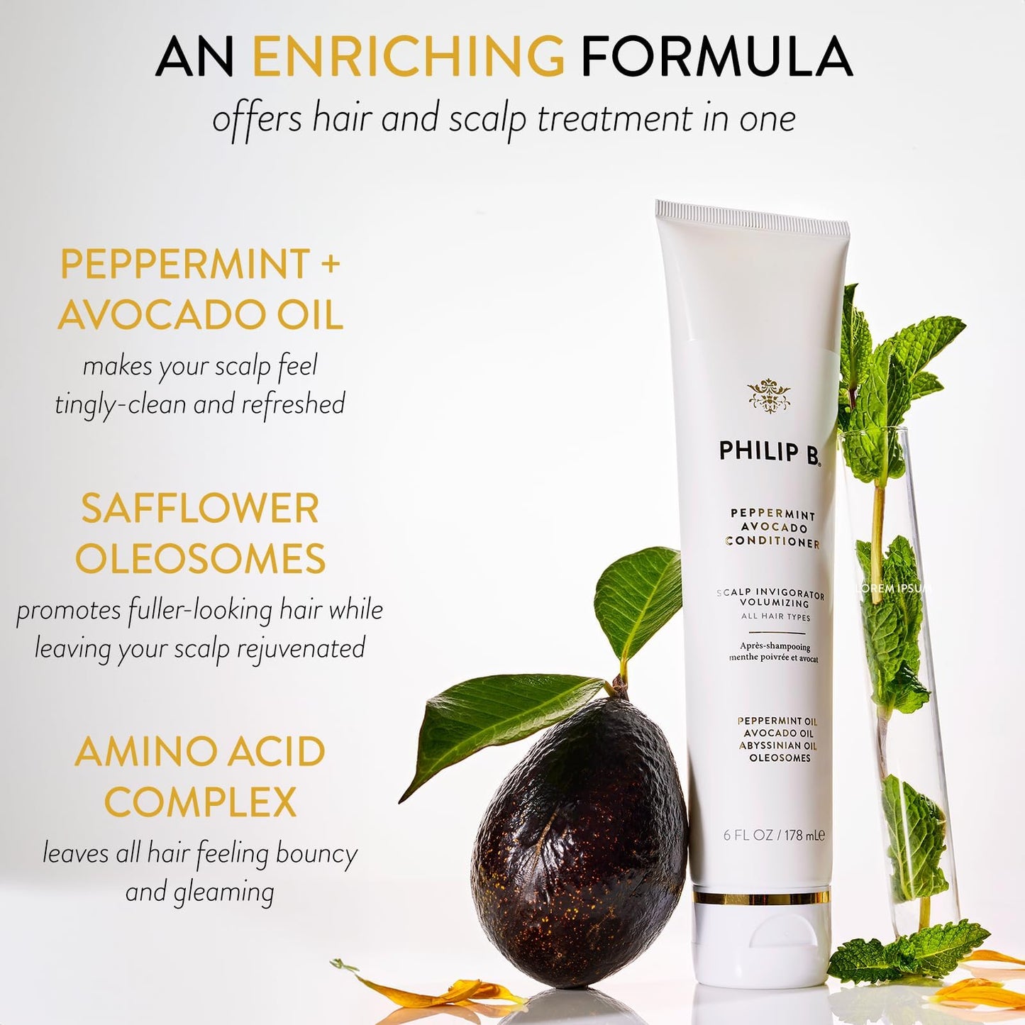 PHILIP B. Peppermint Avocado Conditioner 6oz + Peppermint Avocado Shampoo 2oz Set - Volumizing & Clarifying, Oil and Eucalyptus Invigorates the Scalp