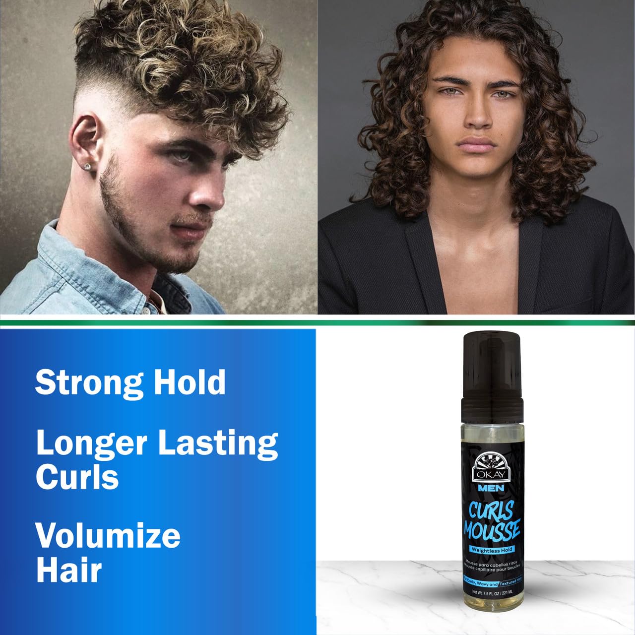 OKAY Men's Curls Mousse 7.5 oz - Lightweight Curl Defining Hair Styling Foam for Men, Enhances Natural Curls, Controls Frizz, Adds Volume & Flexible