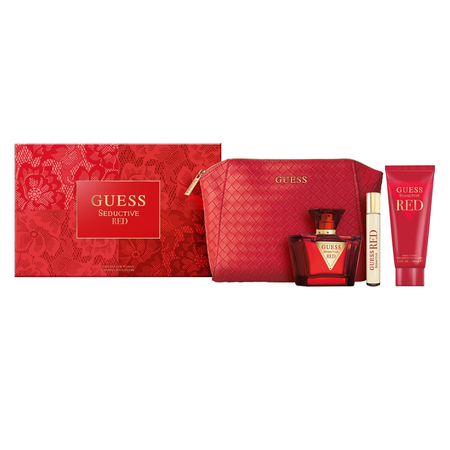 Guess Seductive Red Women/Femme Eau de Toilette 4 Piece Gift Set - Perfume Spray 2.5 Fl. Oz. Travel Spray 0.5 Fl. Oz., Body Lotion 3.4 Fl. Oz