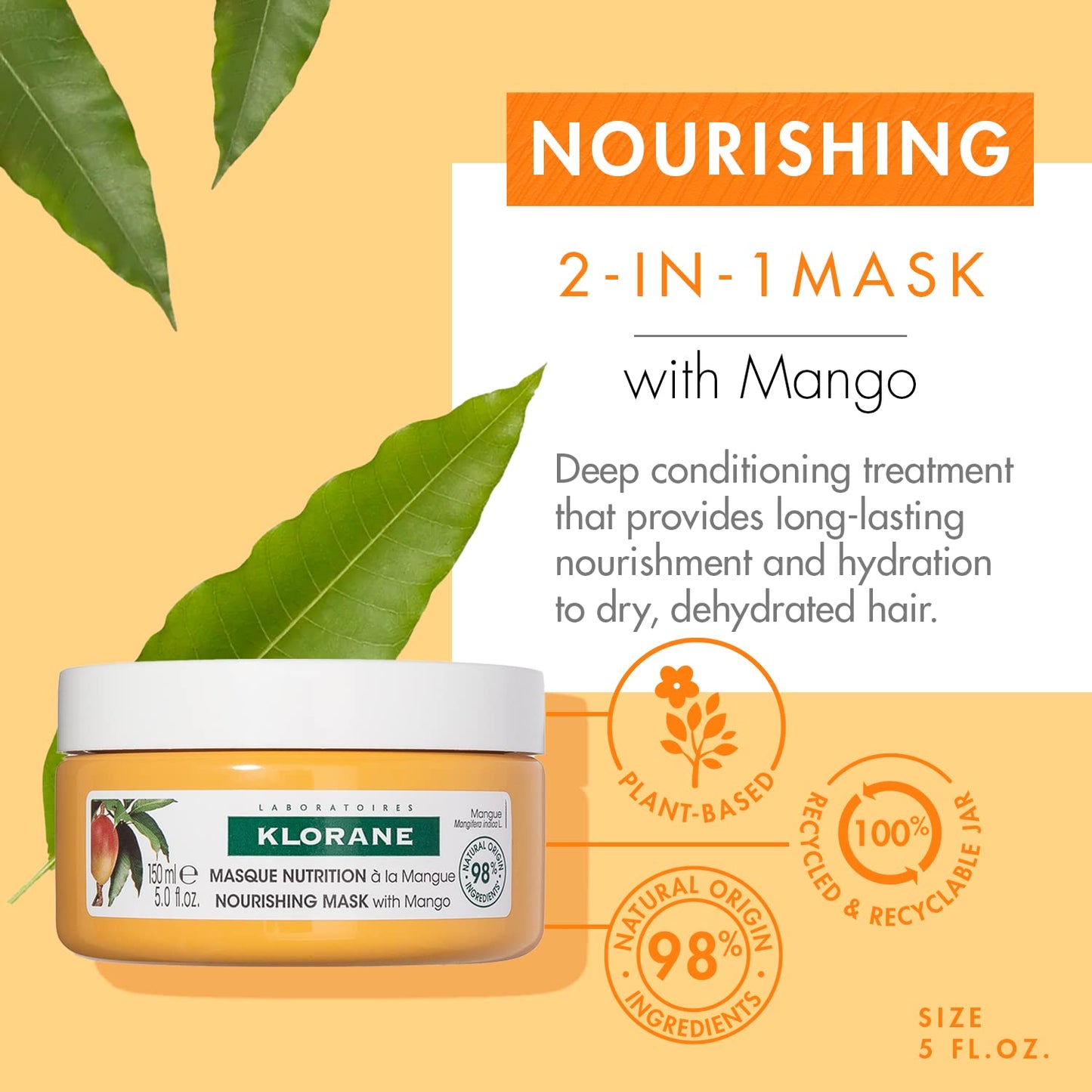 Klorane Nourishing 2-in-1 Mask with Mango, Deep Conditioning and Overnight Treatment for Dry Hair, Paraben, Silicone and Sulfate Free, Biodegradable