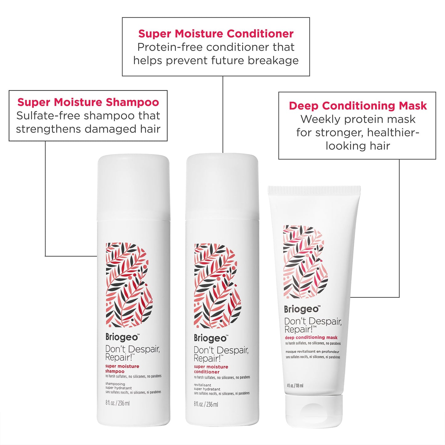Briogeo Don't Despair, Repair! Hair Repair Reset Kit | Contains Super Moisture Shampoo, Conditioner & Deep Conditioning Mask | Repairs Dry, Damaged or